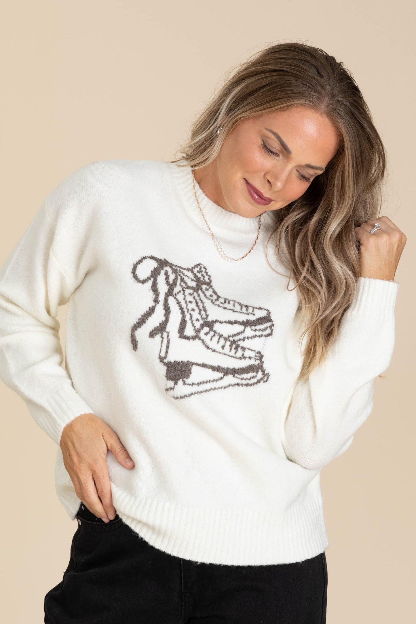 Cream Ice Skate Jacquared Knit Sweater