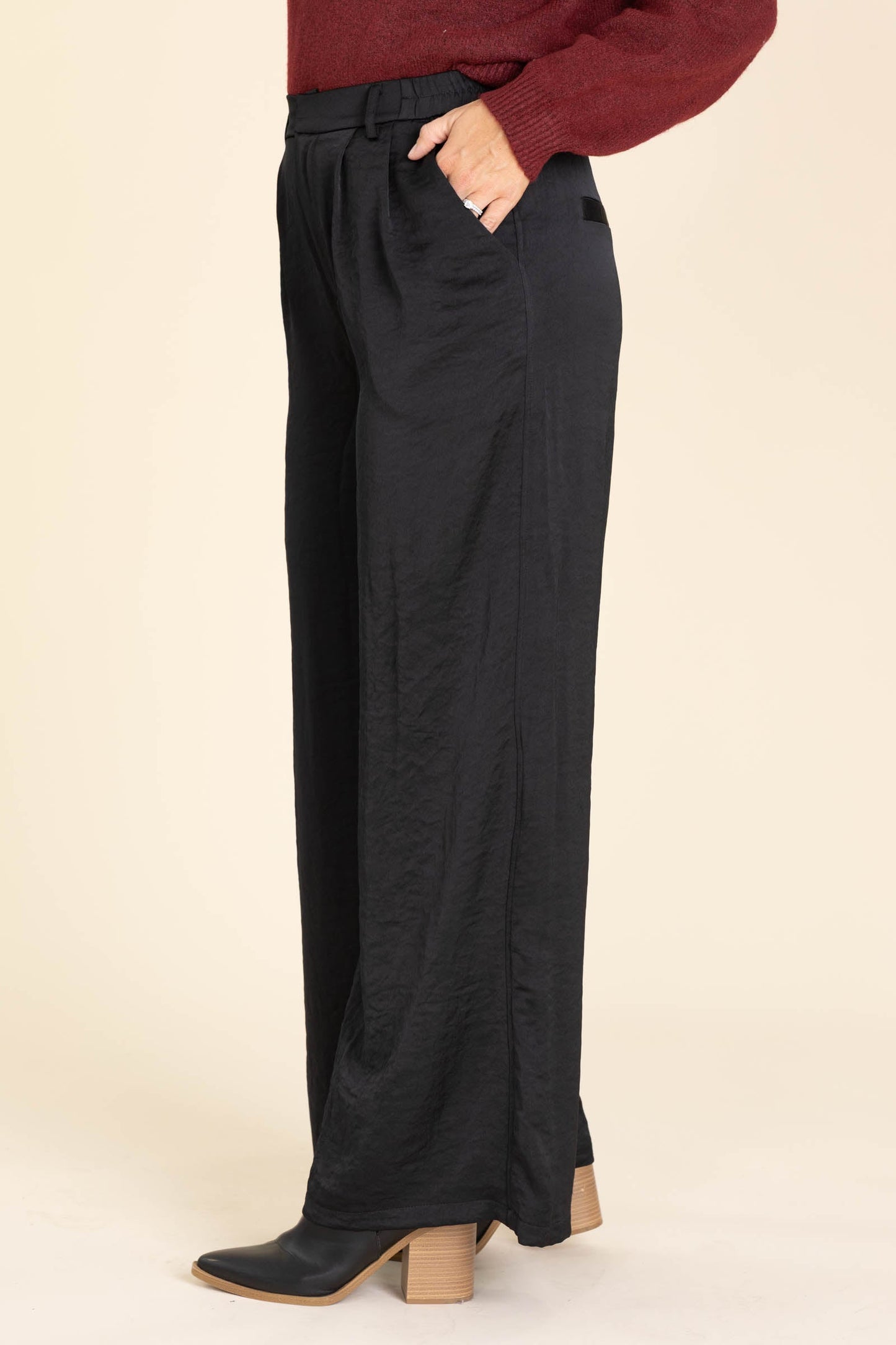 Black Crinkle Satin Wide Leg Pants