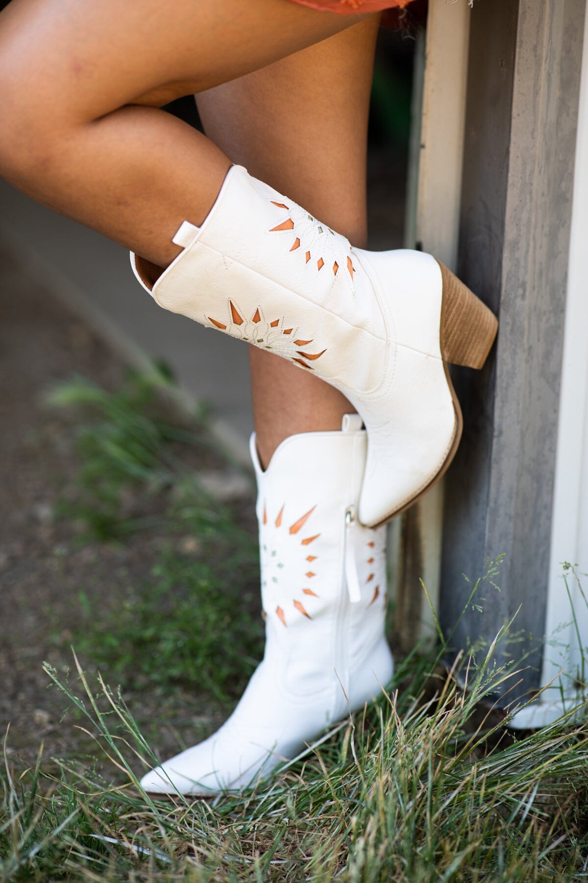 White Laser Cut Sunburst Detail Western Boots
