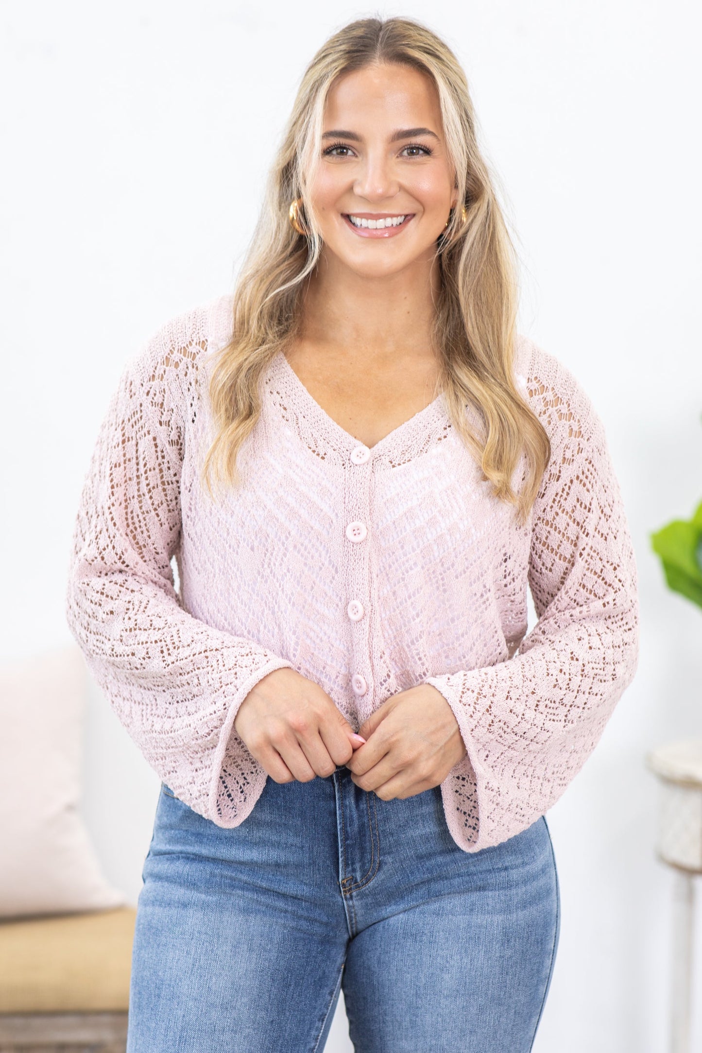 Pointelle Scallop Hem Fine Gauge Cardigan