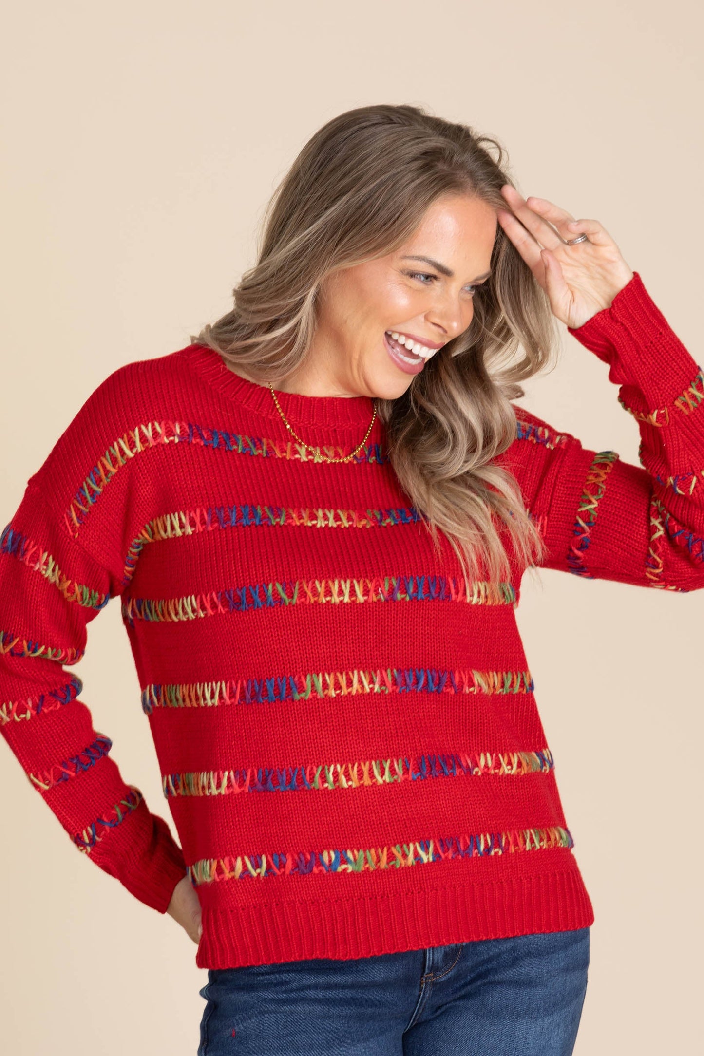 Red Sweater With Multicolor Stripe Stitch