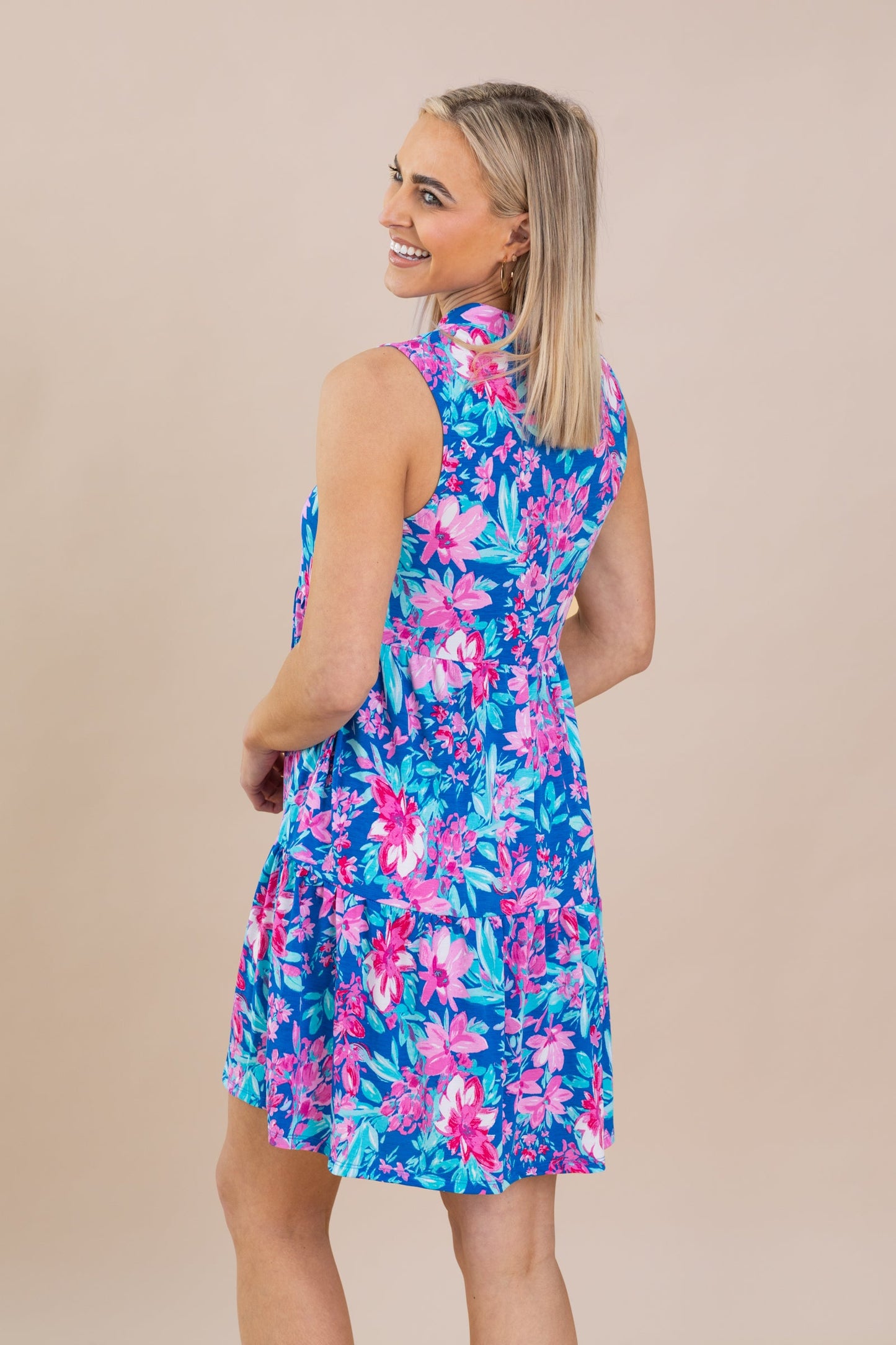 Blue Floral Tiered Wrinkle Free Dress