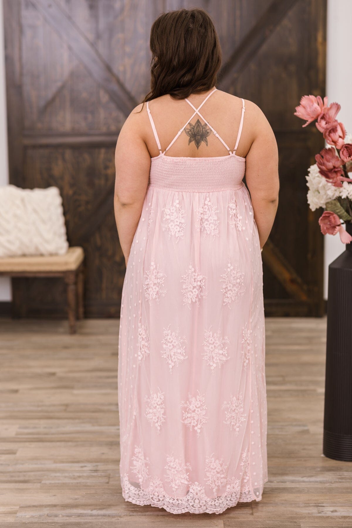 Dusty Rose Crochet Lace Bodice Maxi Dress