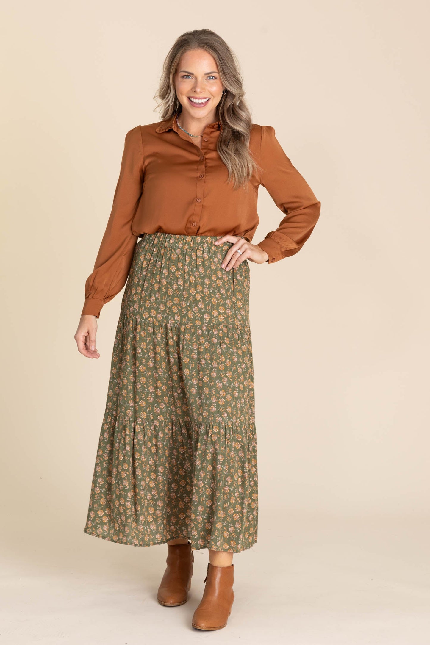 Olive Floral Tiered Maxi Skirt With Elastic