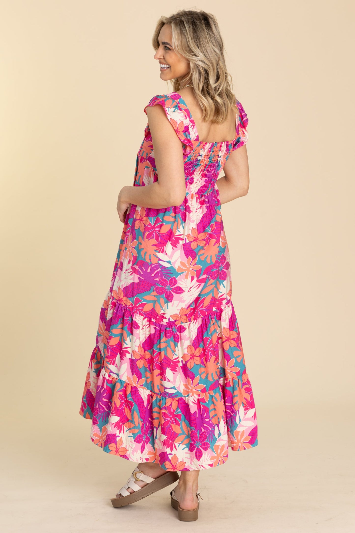 Hot Pink And Coral Floral Tiered Midi Dress