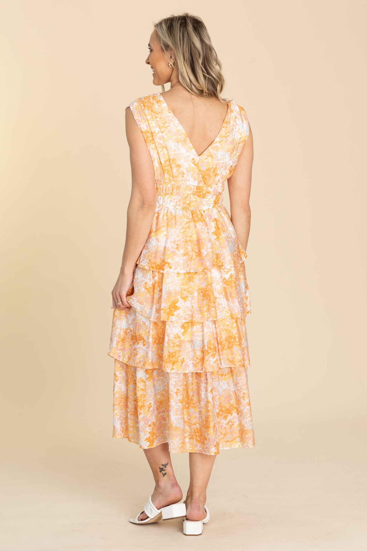 Orange Floral Smocked Waist Tiered Tank Dress