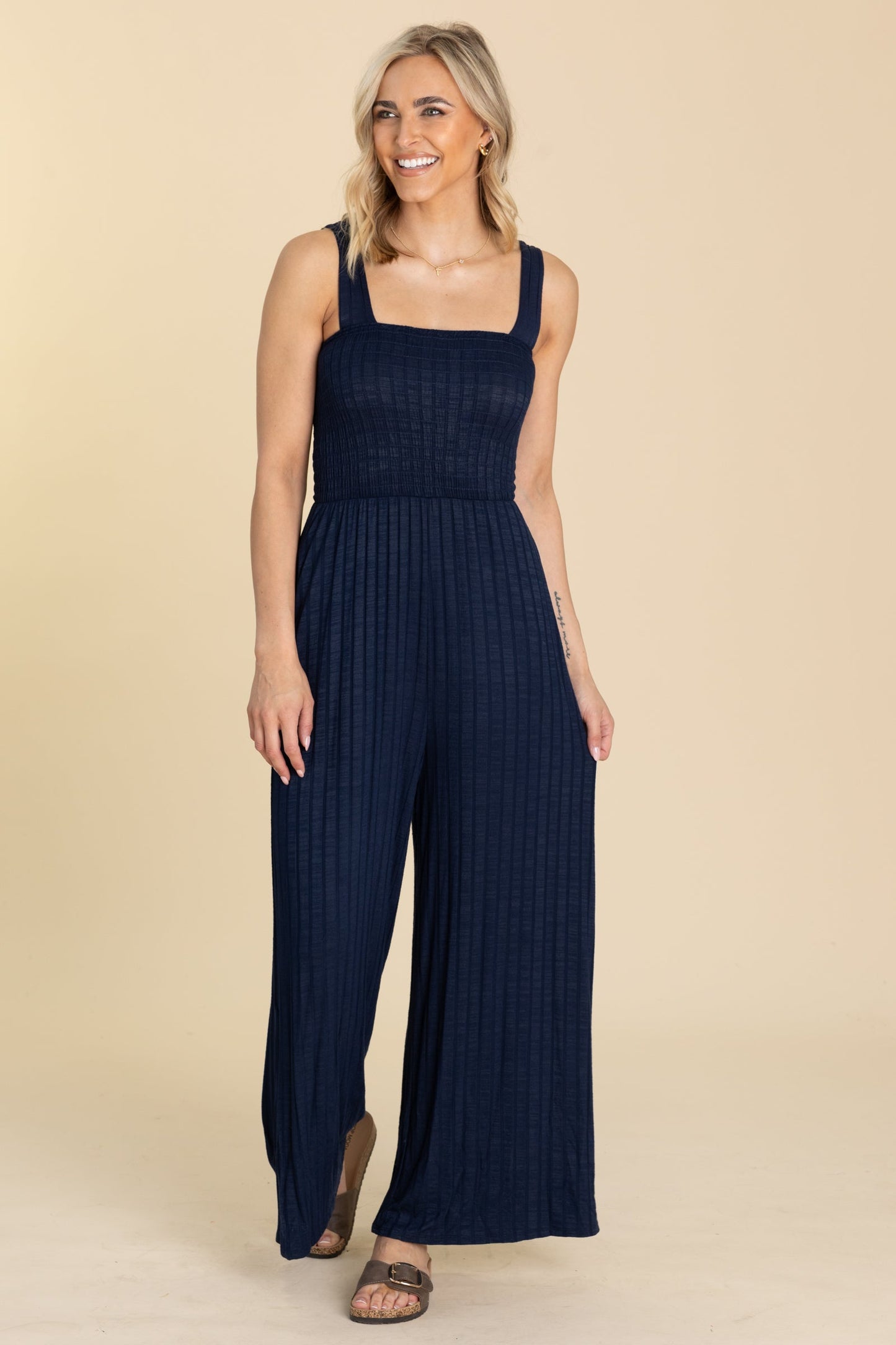 Navy Wide Leg Smocked Bodice Jumpsuit