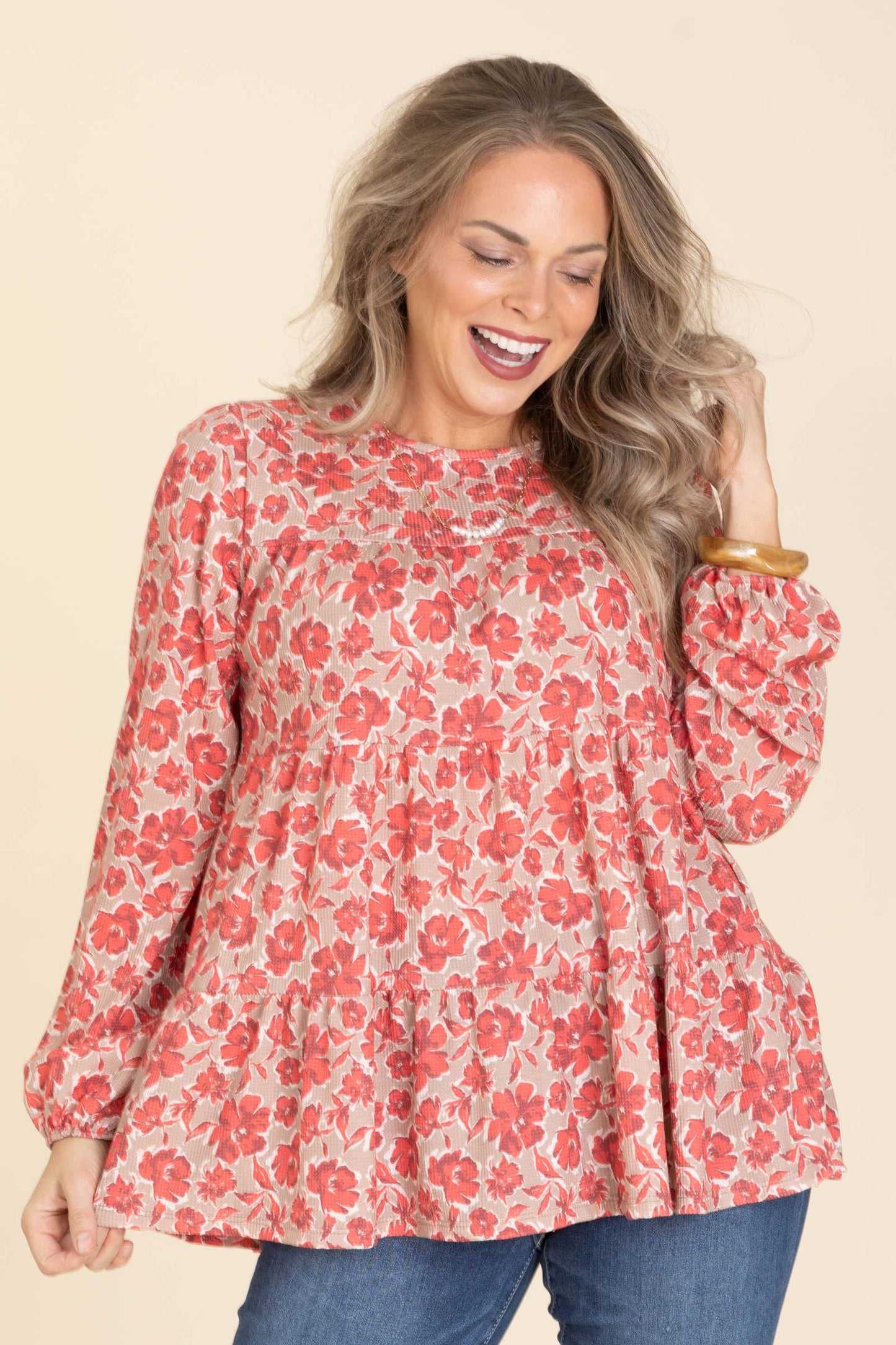 Taupe With Floral Crimson Babydoll Knit Top