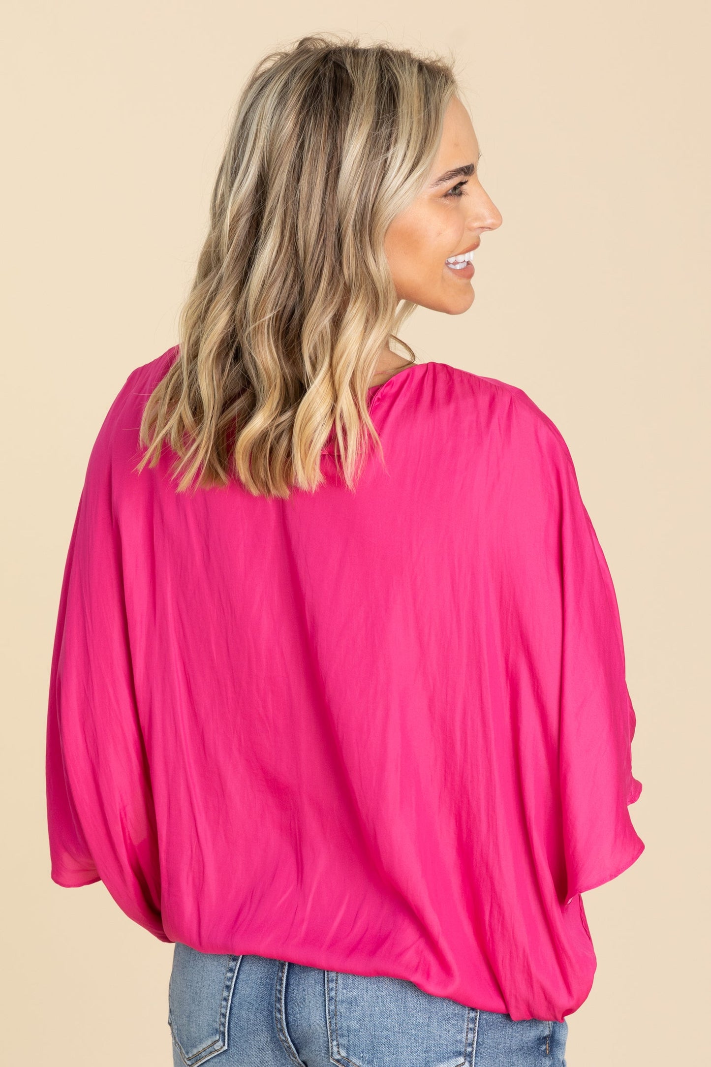 Fuchsia Solid Dolman Sleeve Woven Top