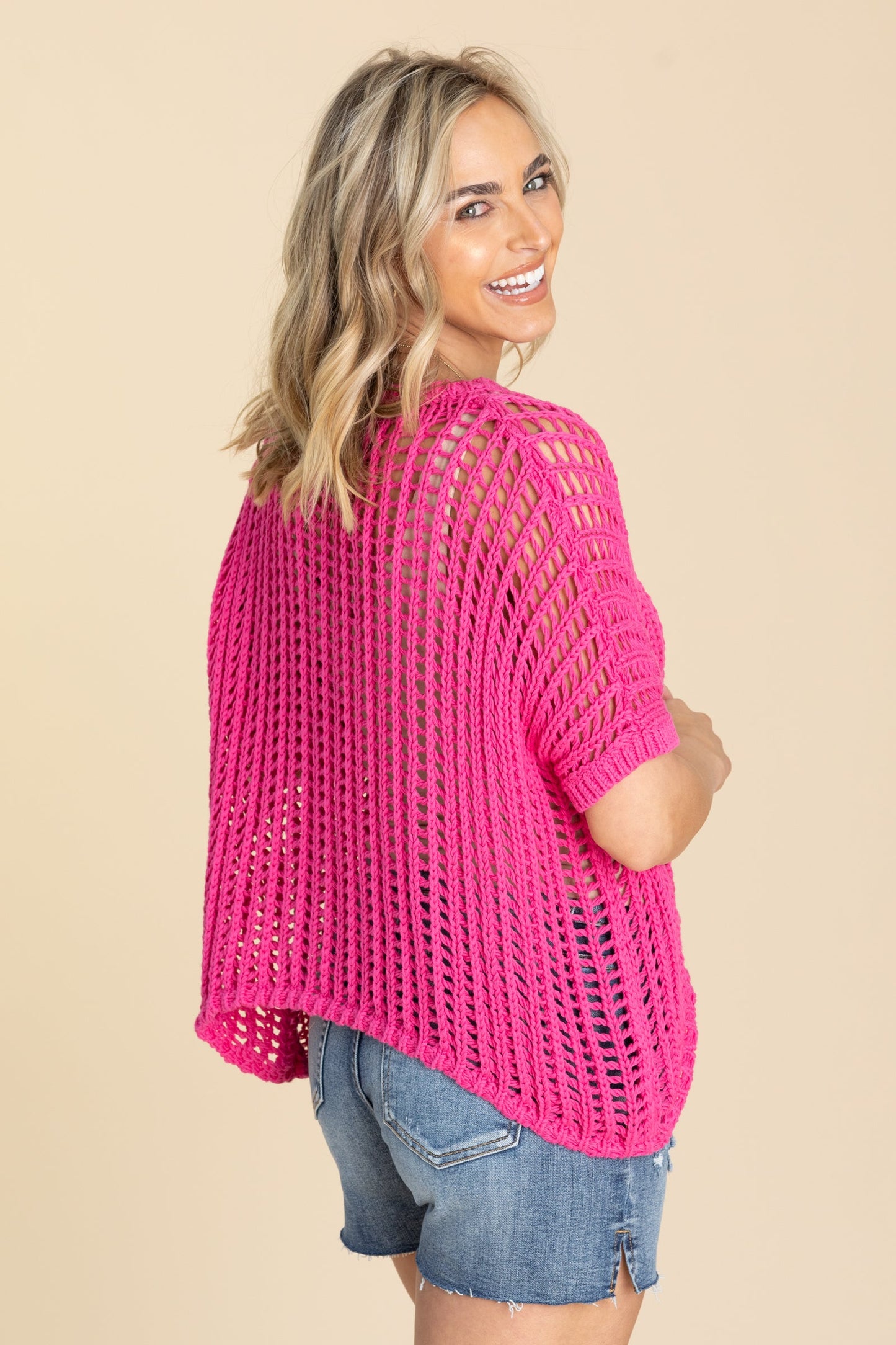Hot Pink Short Sleeve Net Crochet Top