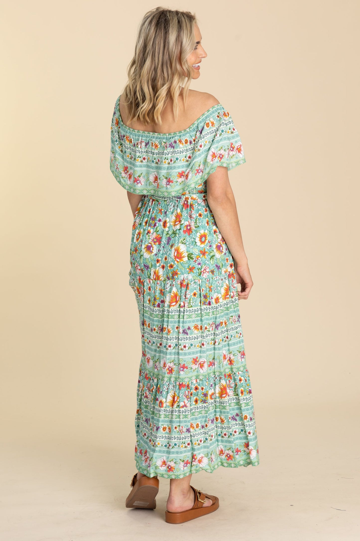Mint Boho Off The Shoulder Maxi Dress