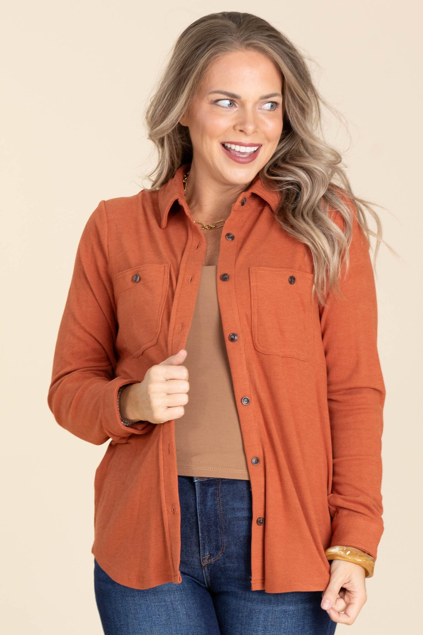 Rust Super Soft Knit Button Up Top
