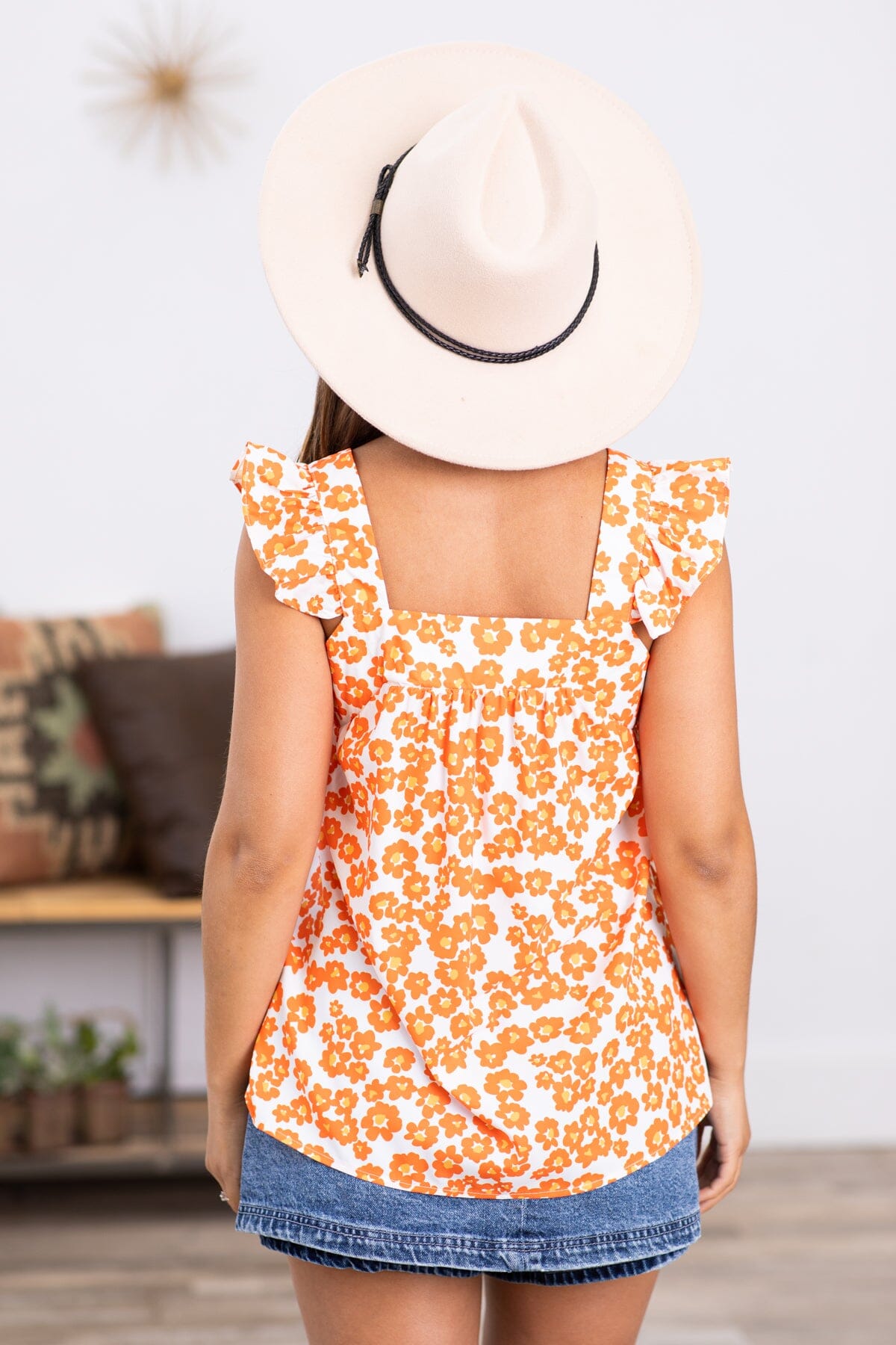 Orange and White Floral Square Neck Top