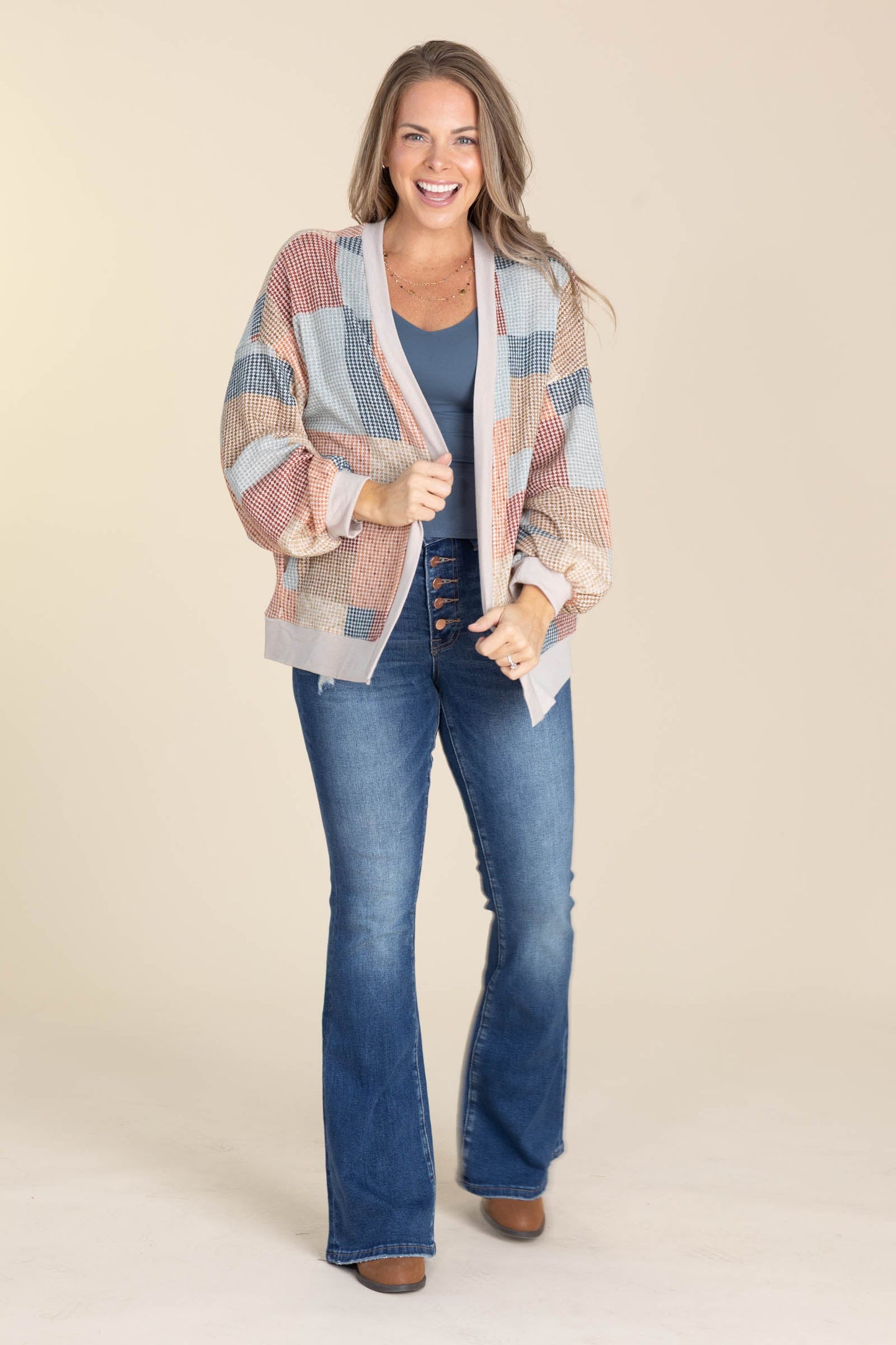 Taupe And Rust Patchwork Open Front Cardigan