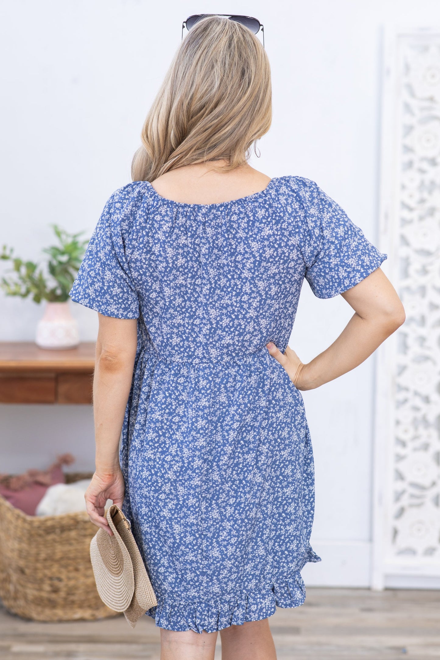 Dusty Blue Floral Print Puff Sleeve Dress