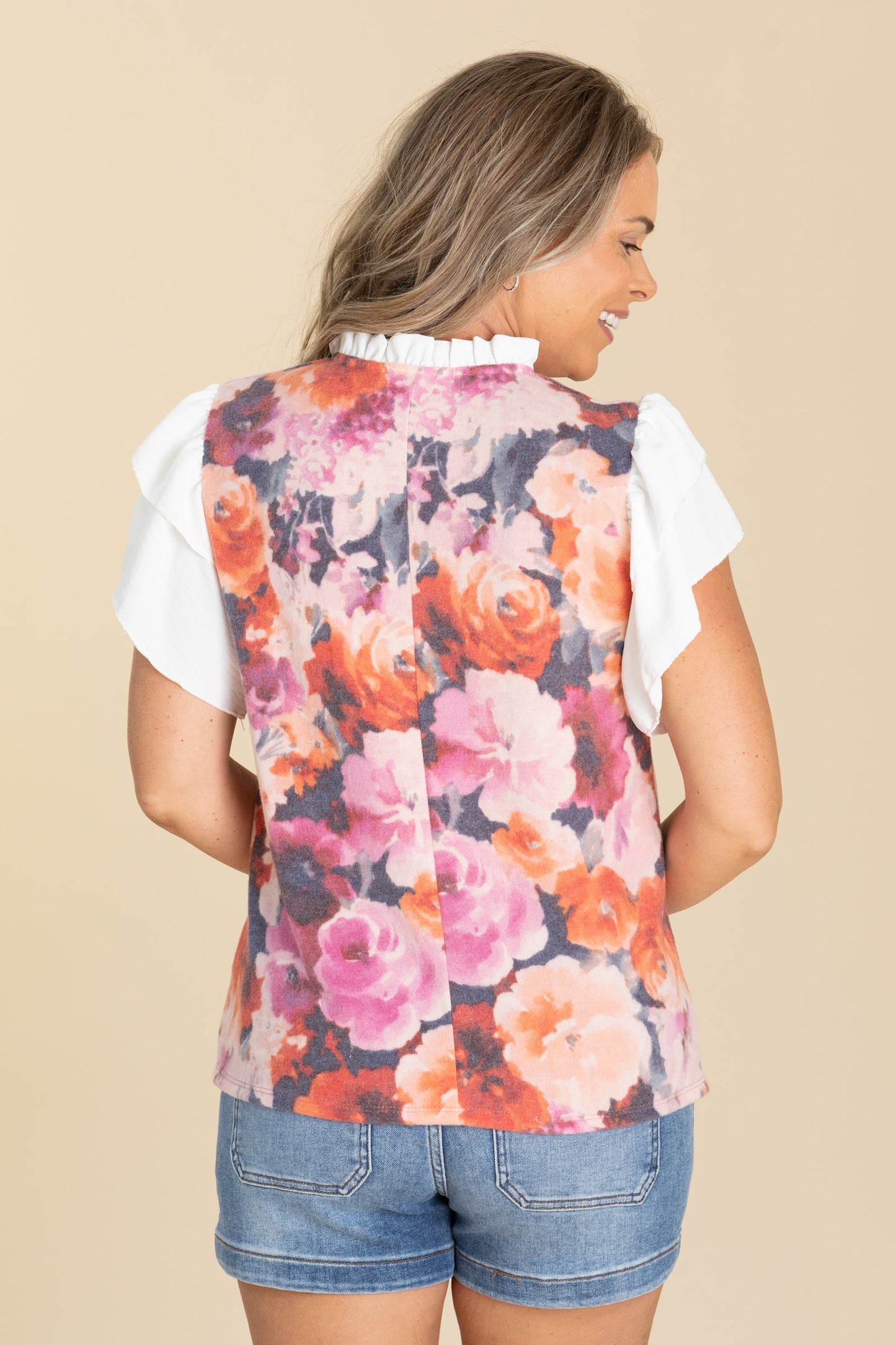 Blush And Coral Floral V-Neck Knit Top