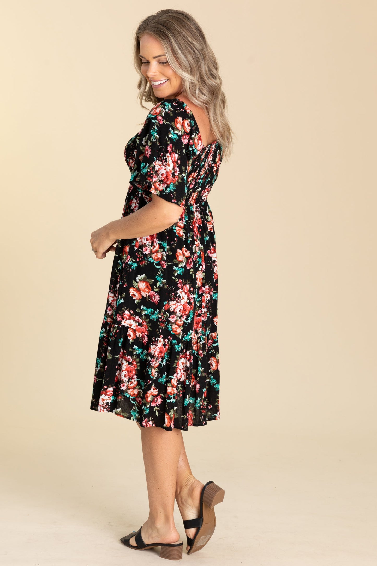 Black Floral Smocked Dress