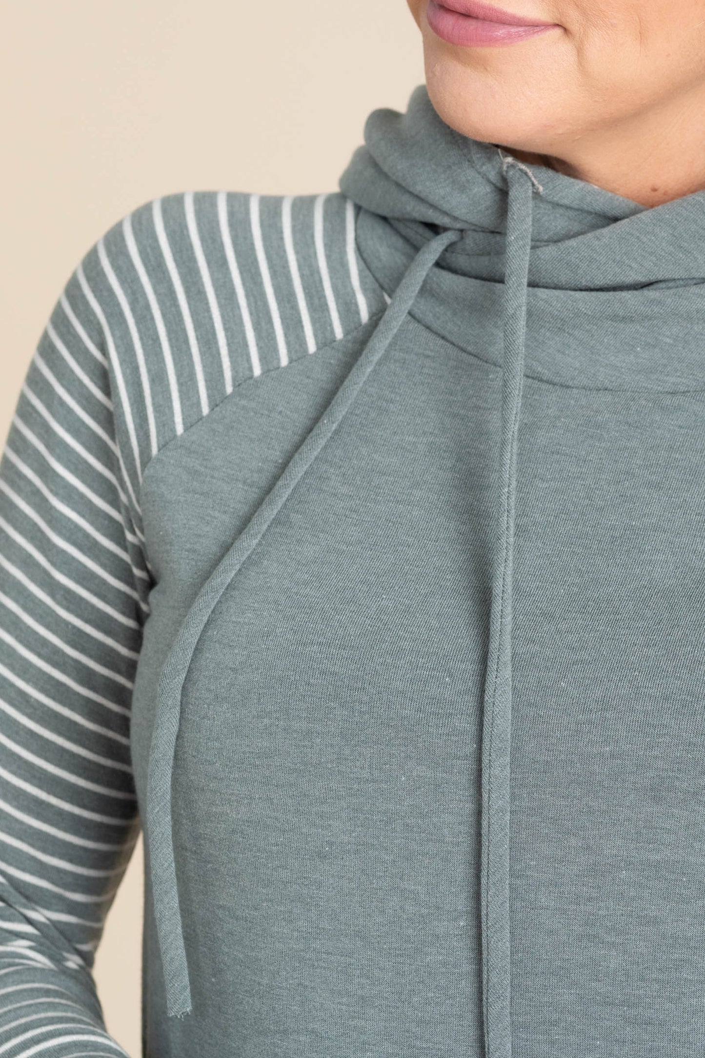 Vintage Olive Drawstring Stripe Sleeve Hoodie