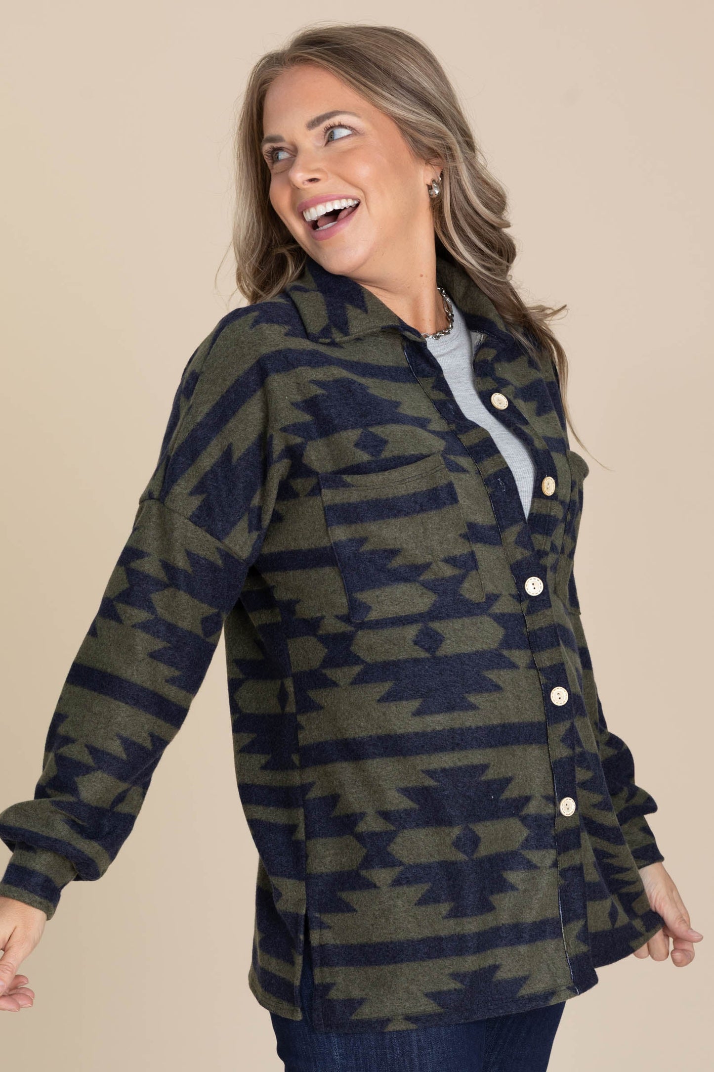 Olive Aztec Print Light Shacket