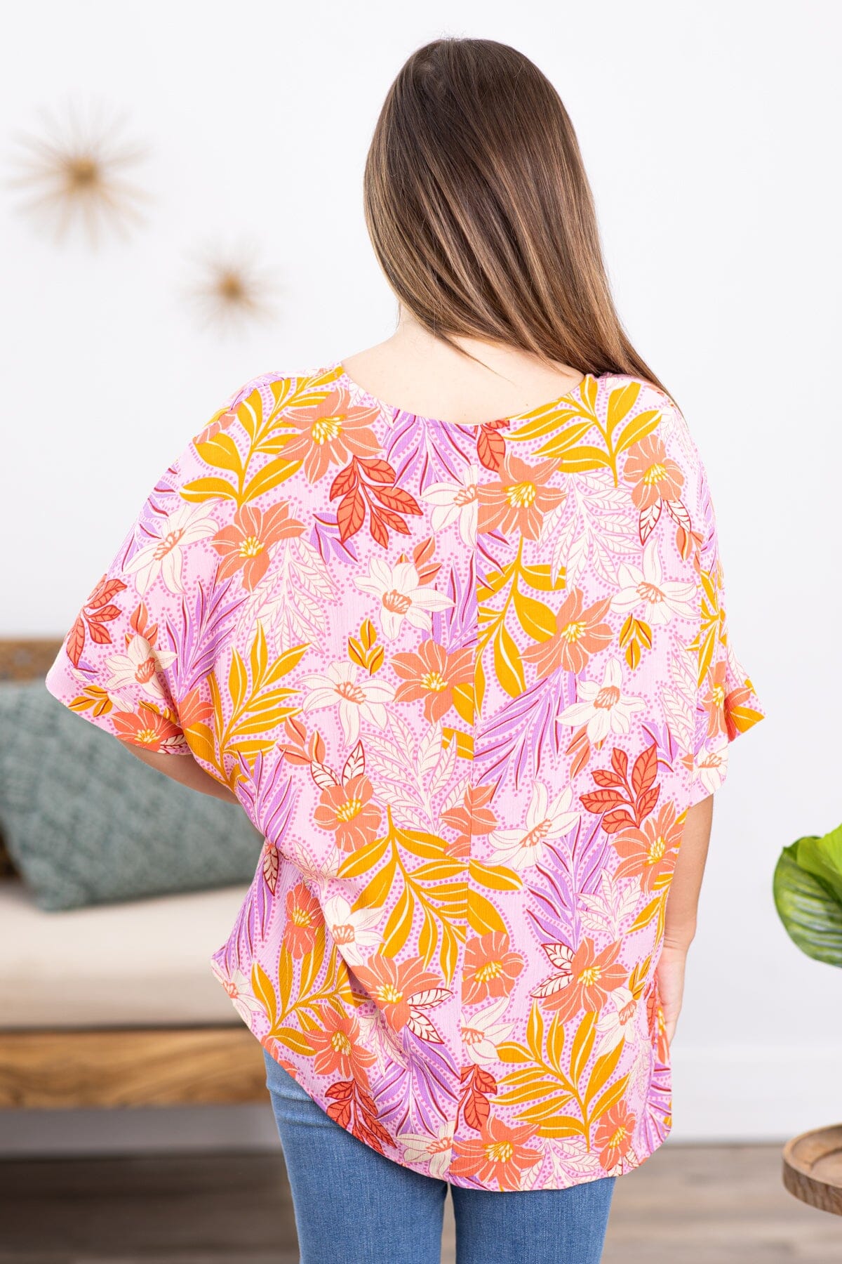 Pink Multicolor Cuffed Sleeve Floral Print Top
