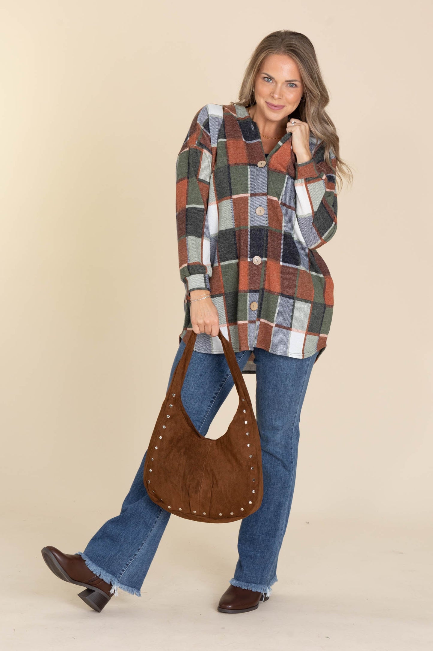 Olive Plaid Soft Knit Button Down Hoodie Top