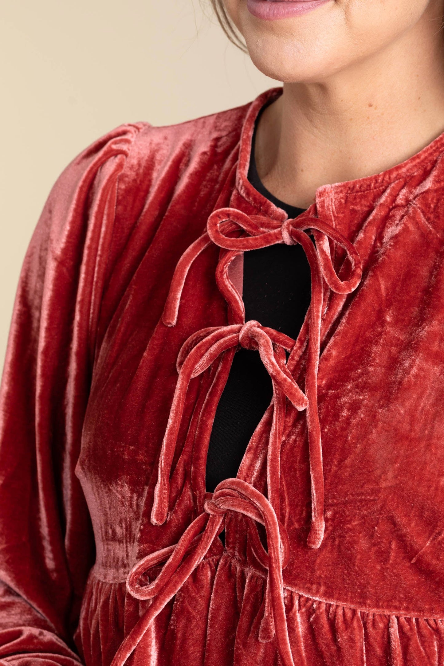 Carmine Front Tie Velvet Knit Blouse