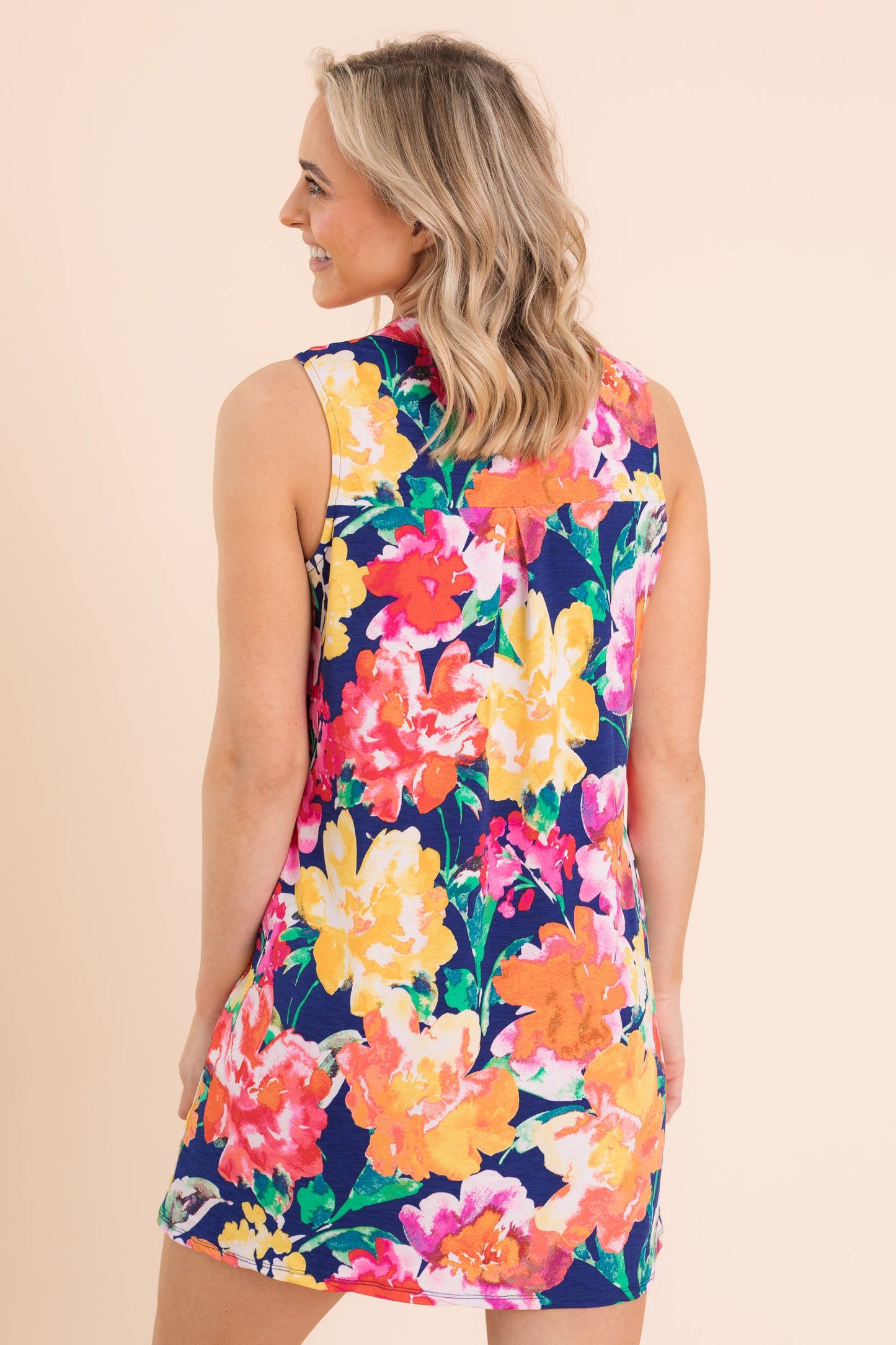 Navy With Floral Wrinkle Free Liz Dress