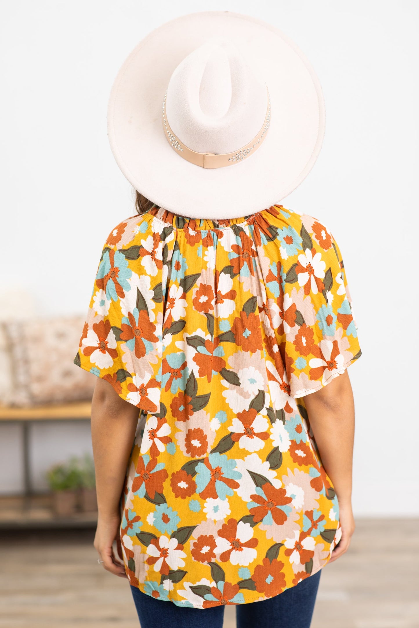 Cognac and Olive Floral Print Top
