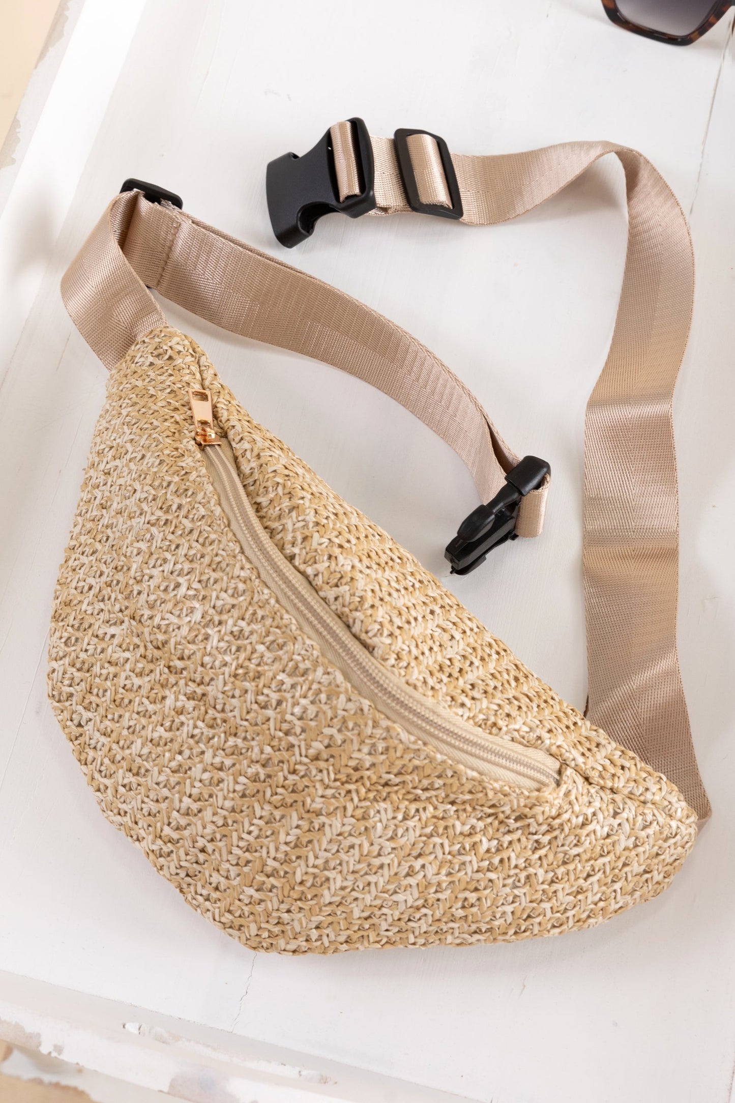 Beige Straw Woven Crossbody Fanny Belt Bag