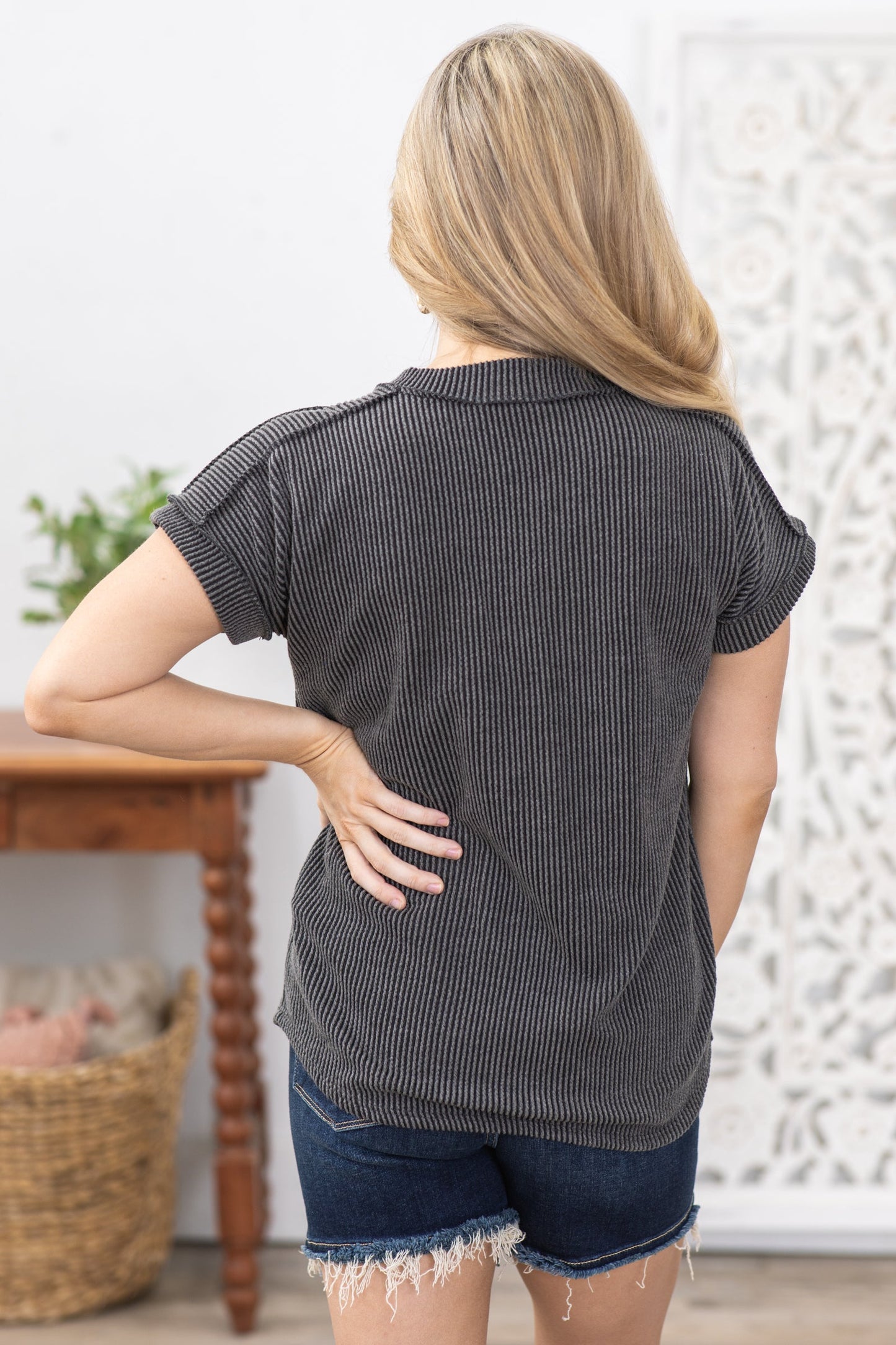 Charcoal Ribbed V-Neck Knit Top