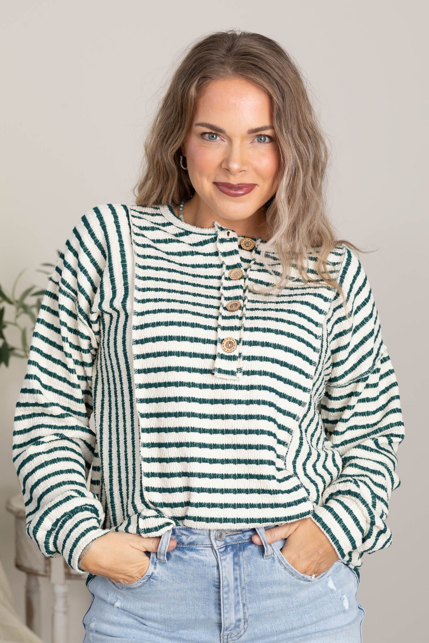Cream And Green Button Front Stripe Knit Top