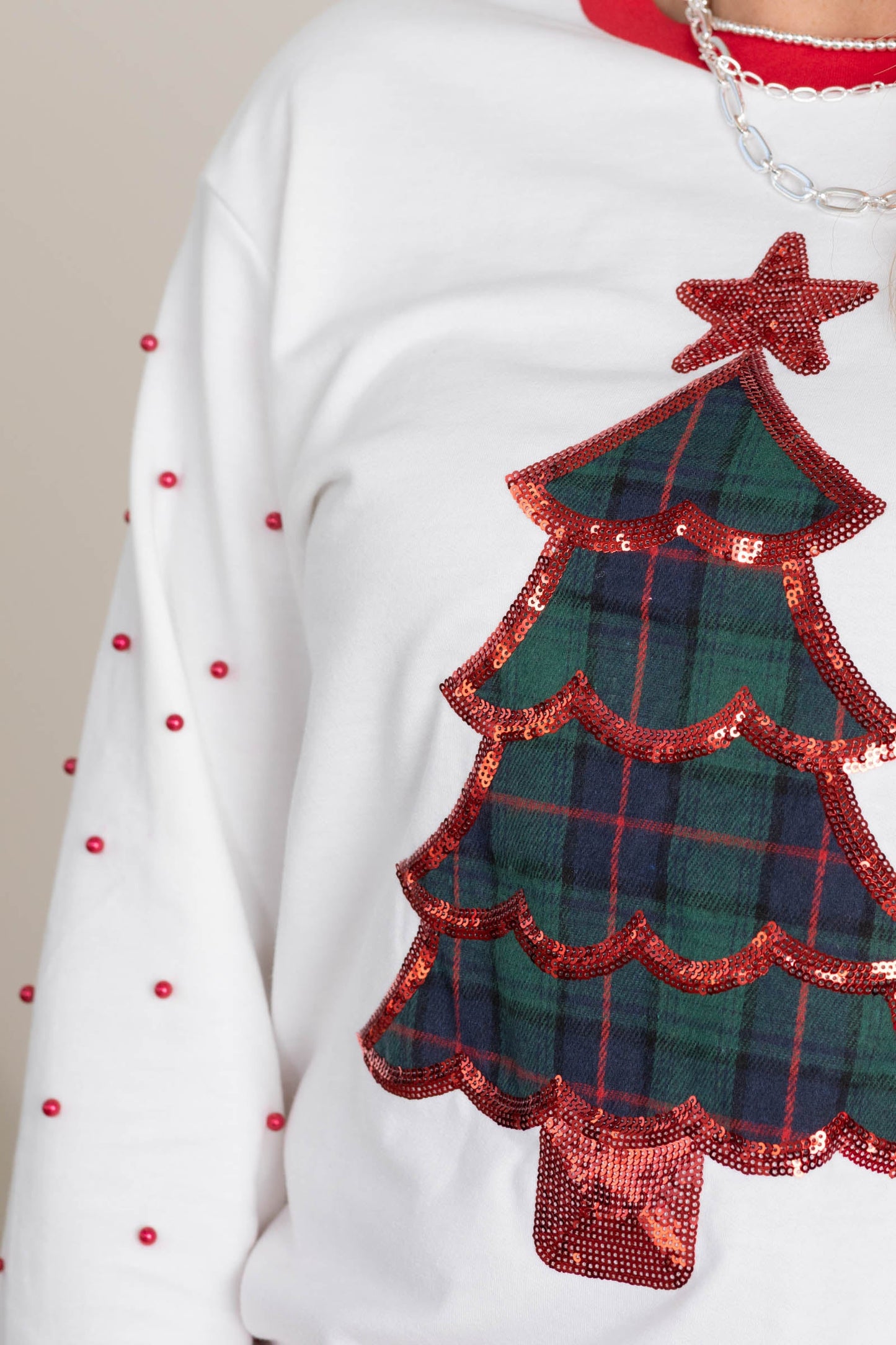 White Plaid Tree Knit Long Sleeve Red Pearls