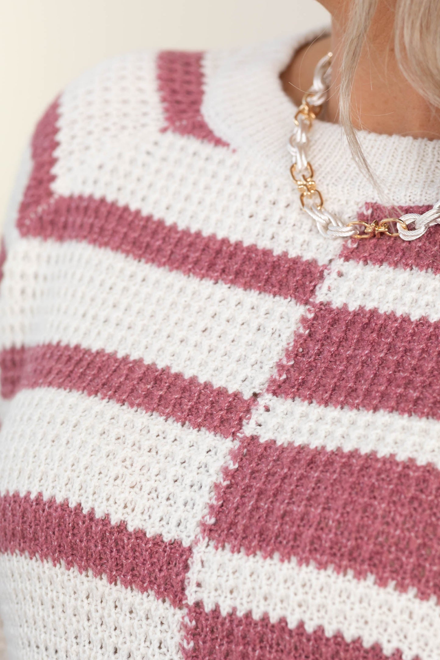 Dusty Rose And Ivory Stripe Colorblock Sweater
