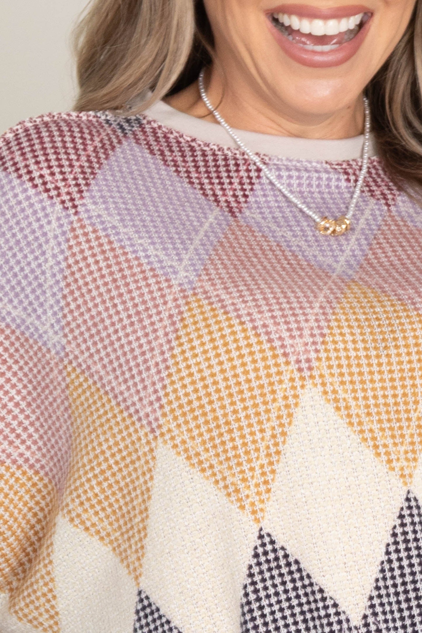 Light Mocha Argyle Print Long Sleeve Knit Top