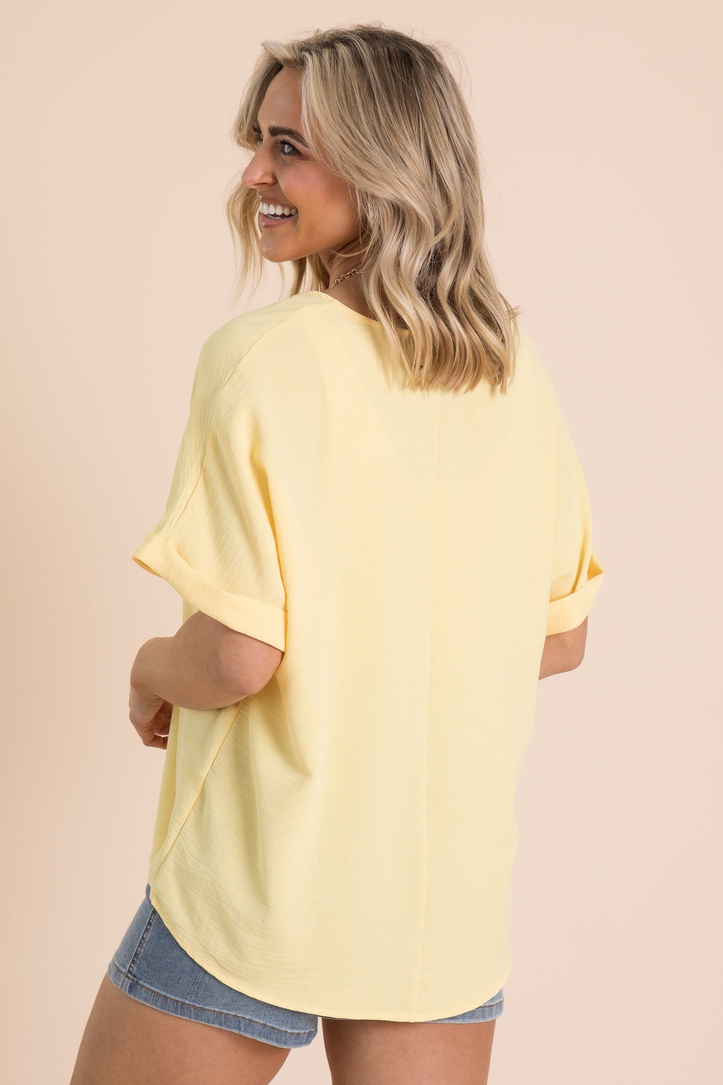 Woven V-Neck Folded Short Sleeve Tops