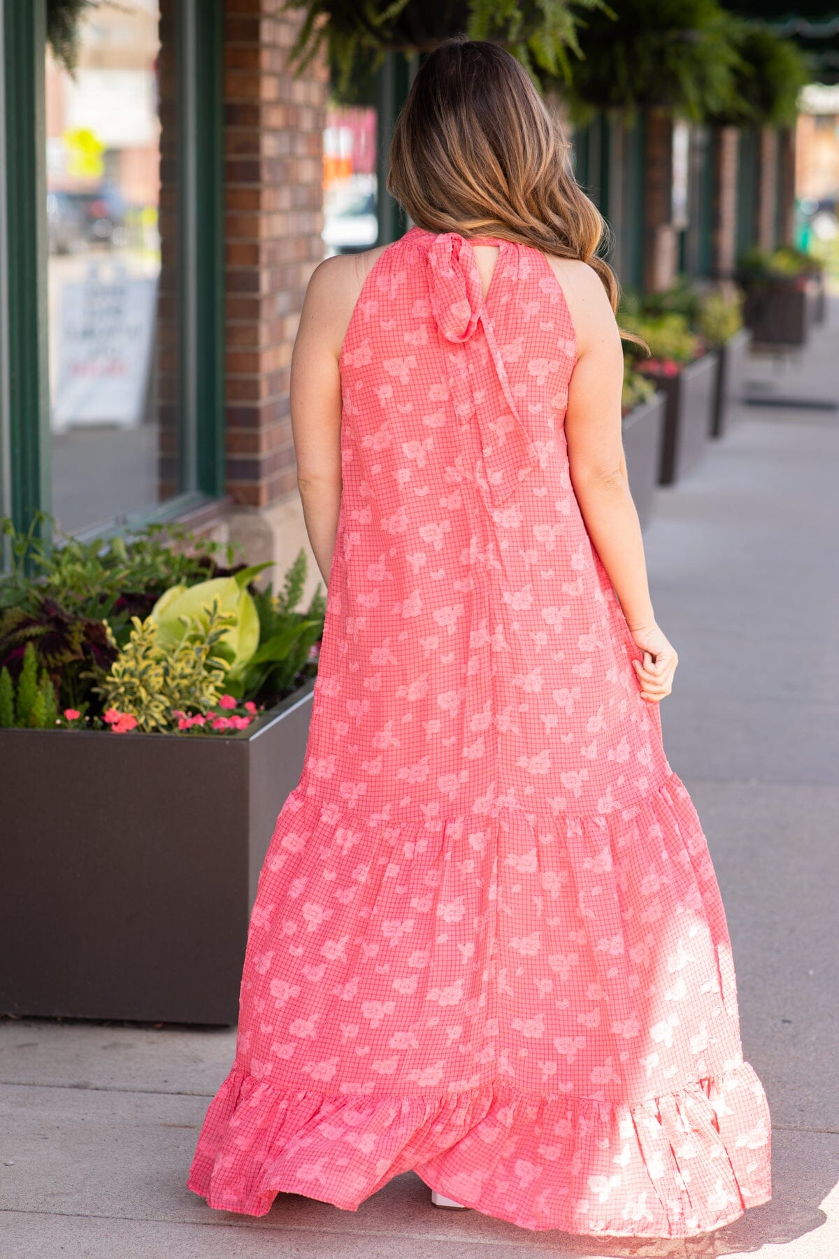 Coral Textured Halter Neck Maxi Dress