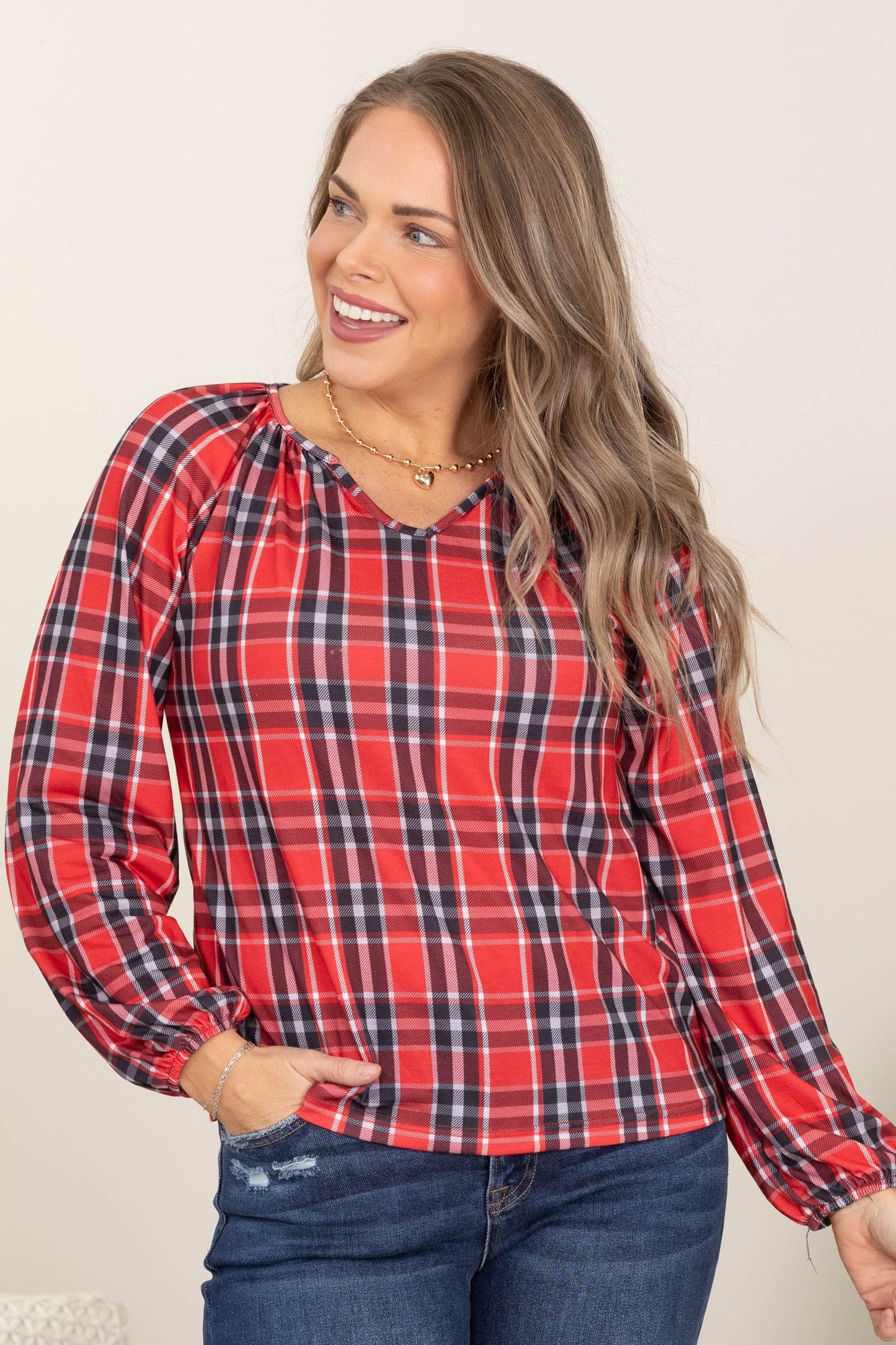 Red Plaid Bubble Sleeve Top With Notch Neck