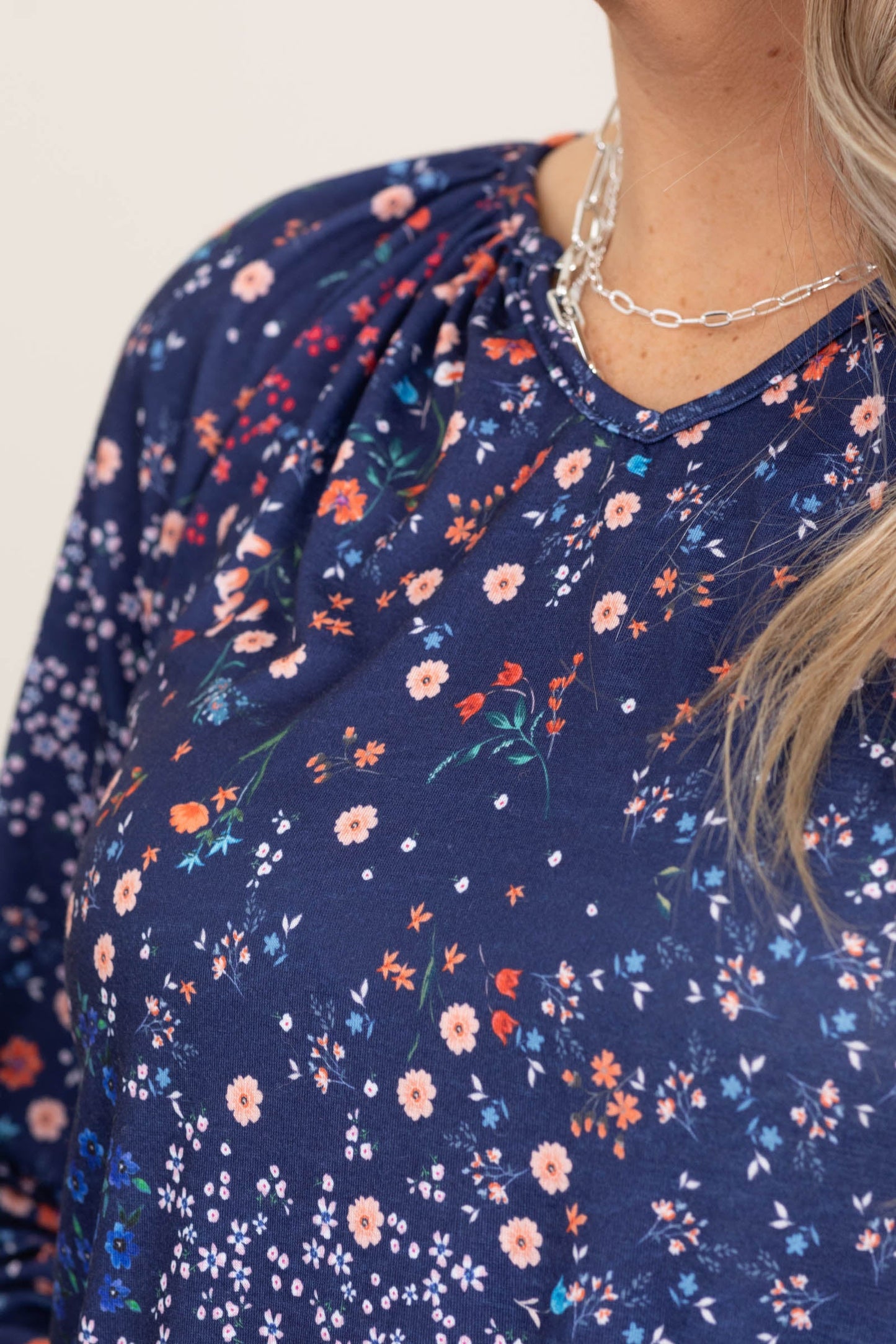Blue Ditsy Floral Bubble Sleeve Top With Notch Neck