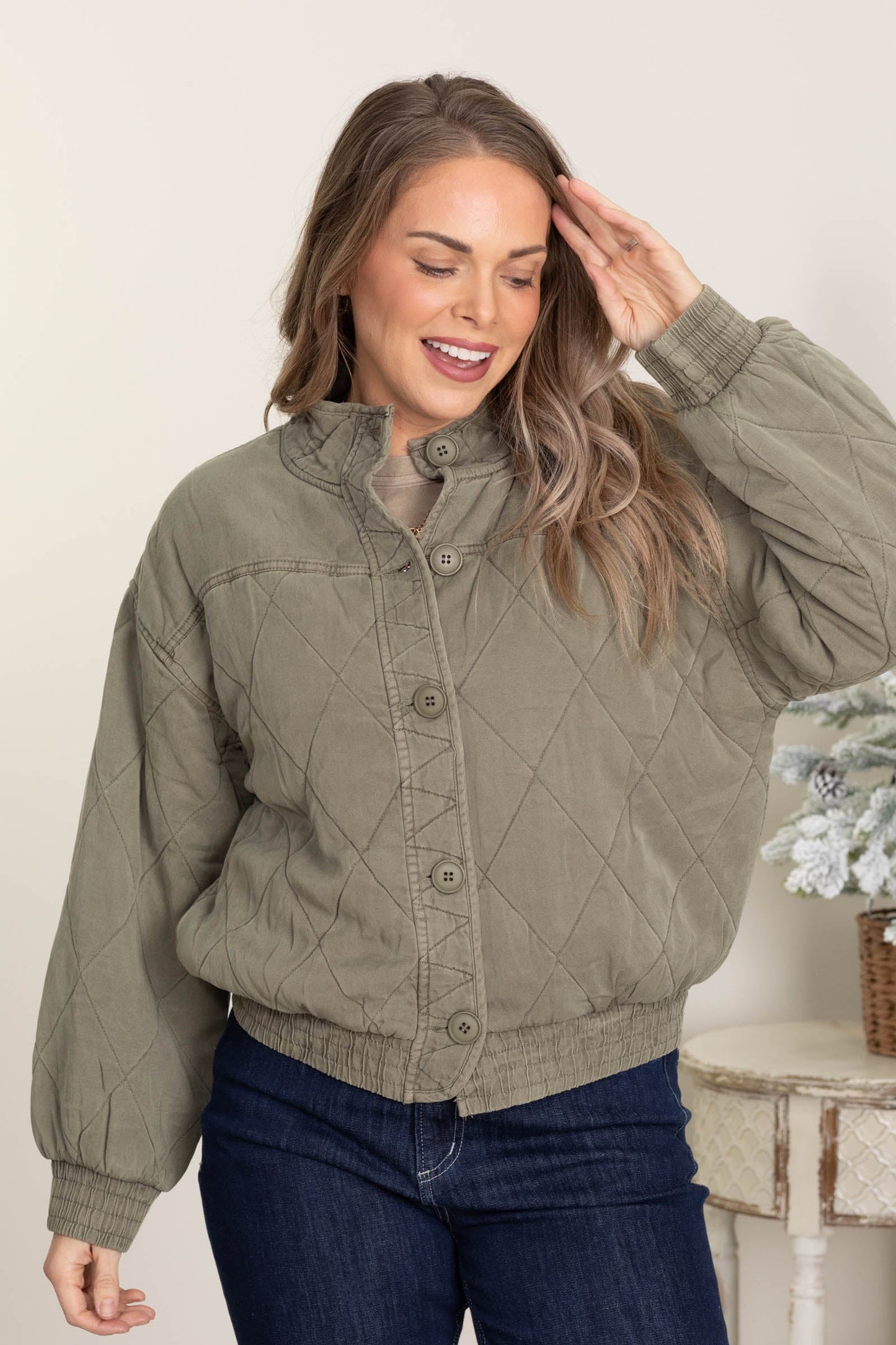 Olive Washed Quilted Button Down Jacket