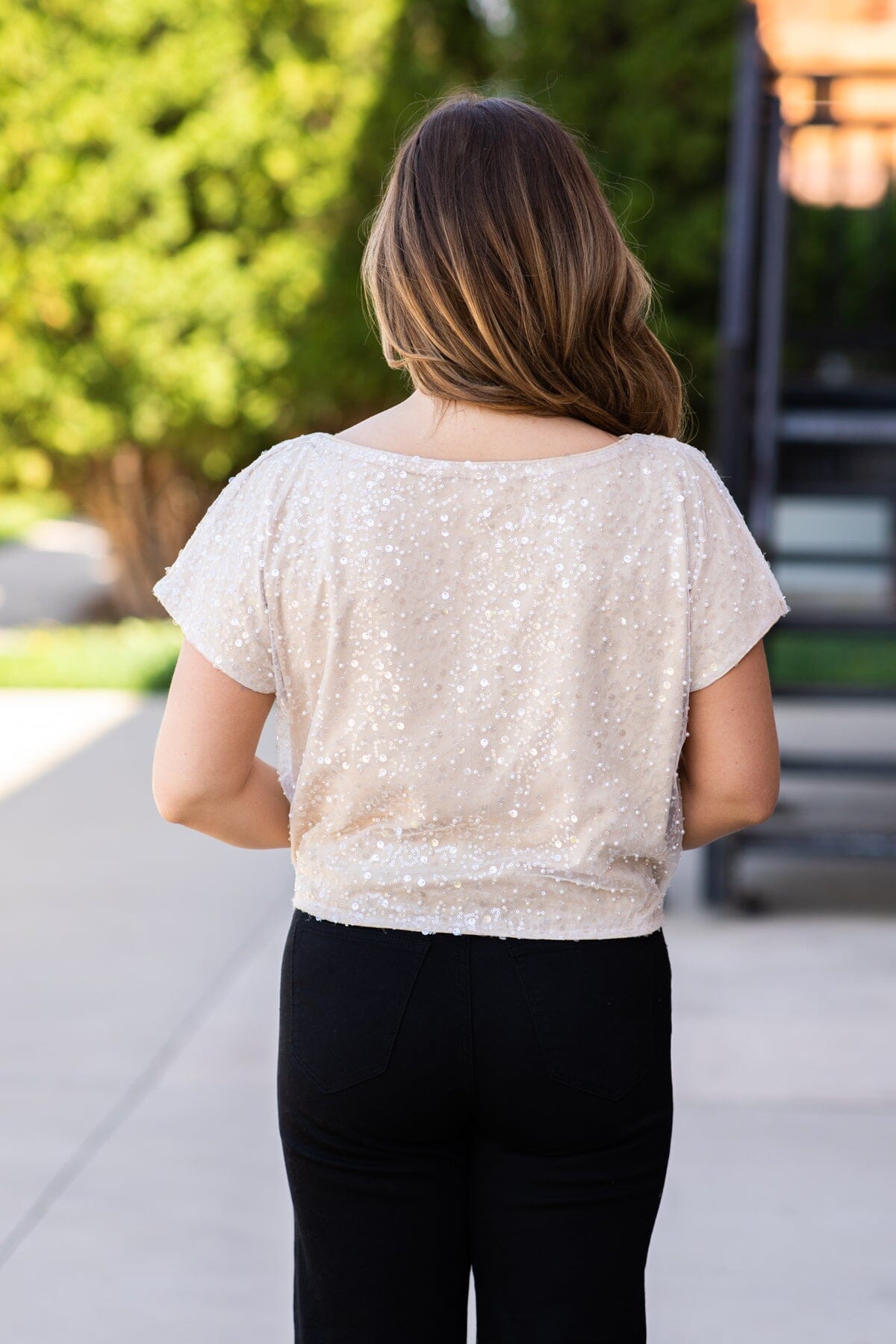 Beige Sequin Boat Neck Top
