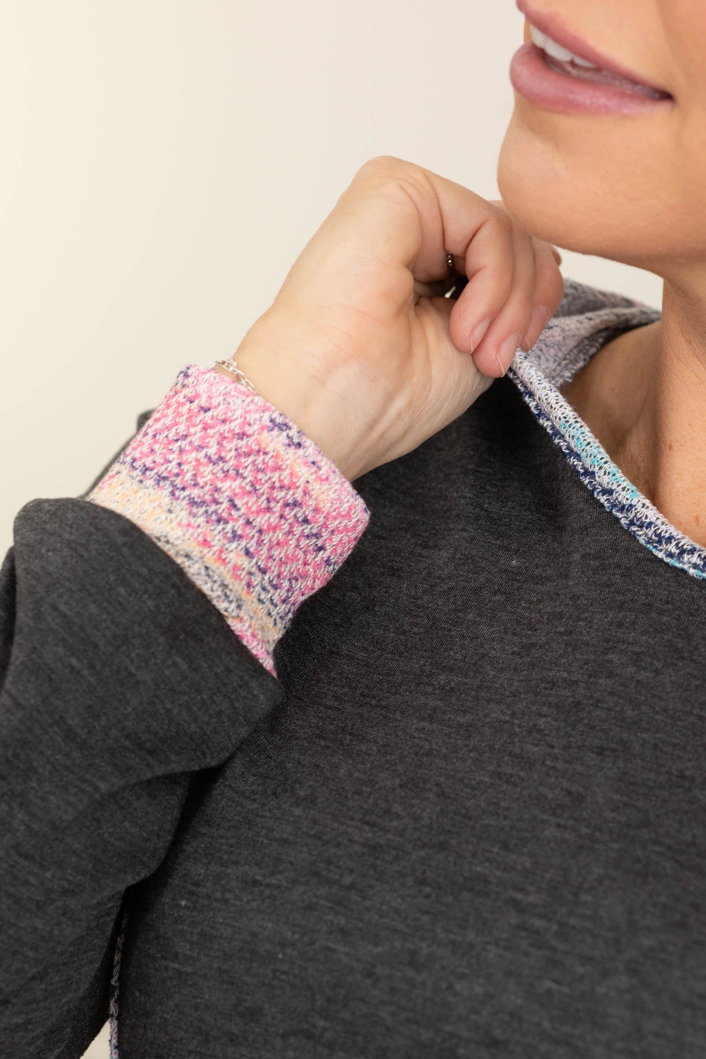 Charcoal With Breezy Detail Knit Hoodie Top