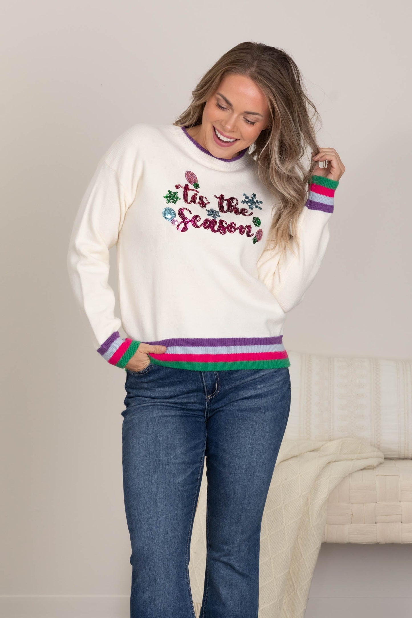 Ivory Tis The Season Contrast Hem Sweater