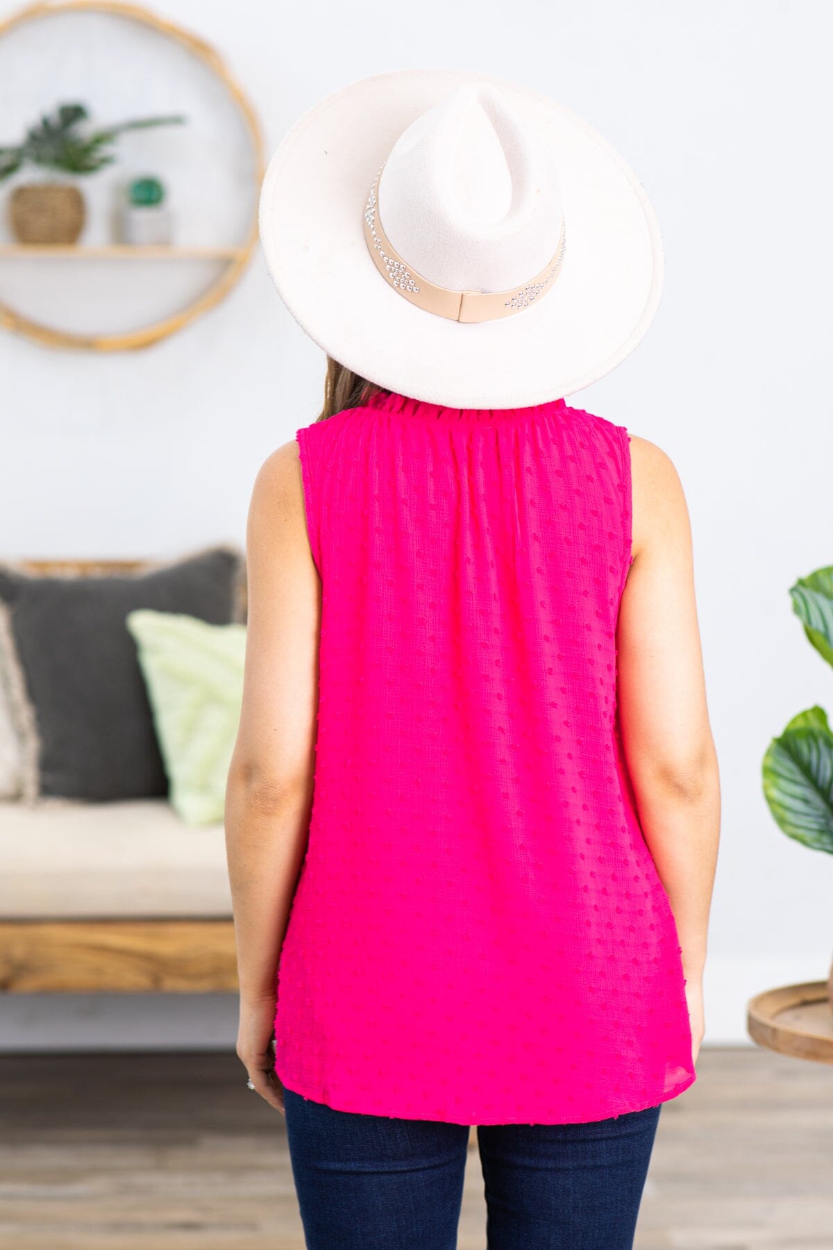 Hot Pink Swiss Dot Tank With Tie Detail