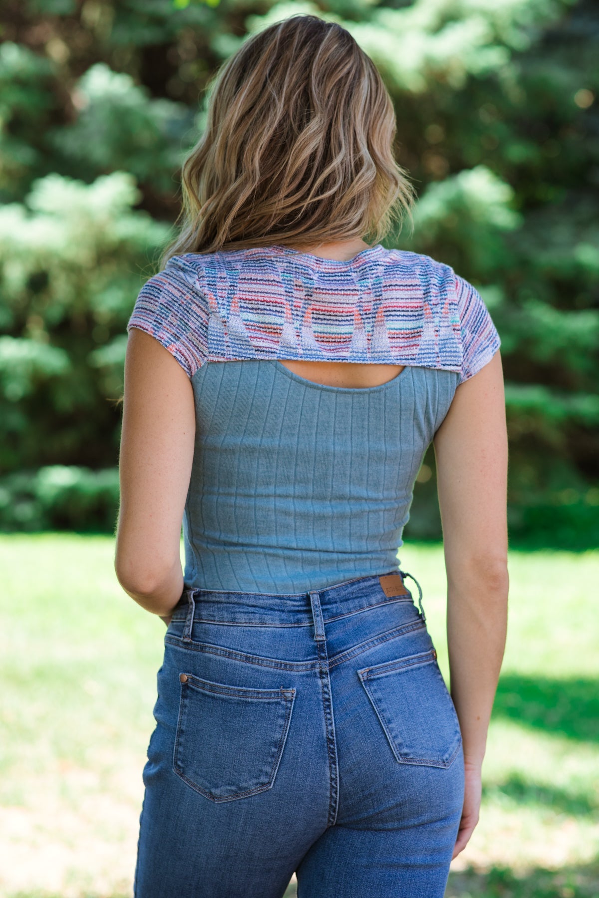 Dusty Blue Multicolor Rib Knit Top With Cutout