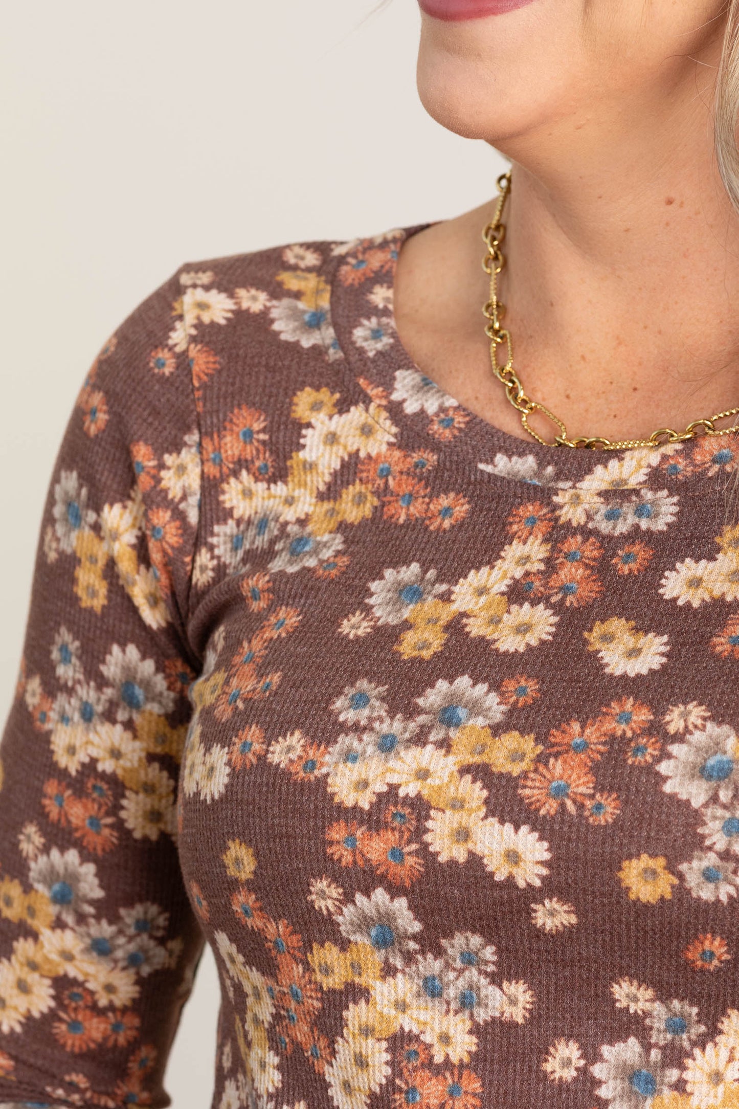 Rust and Tan Floral Print Long Sleeve Top