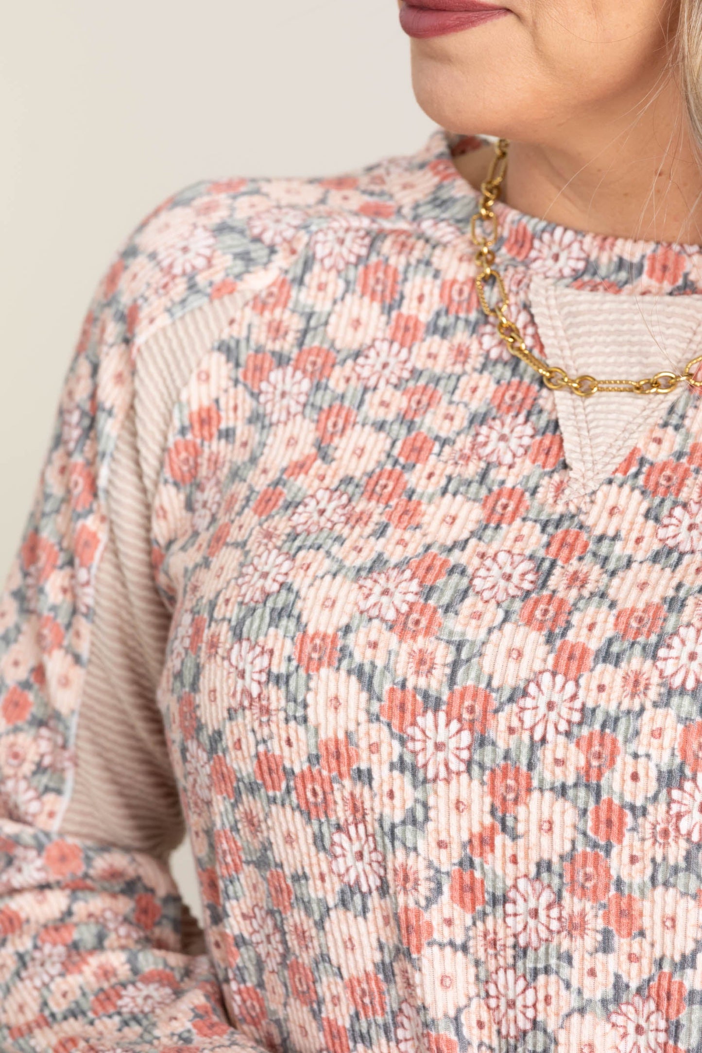 Blush Floral Ribbed Knit Contrast Top