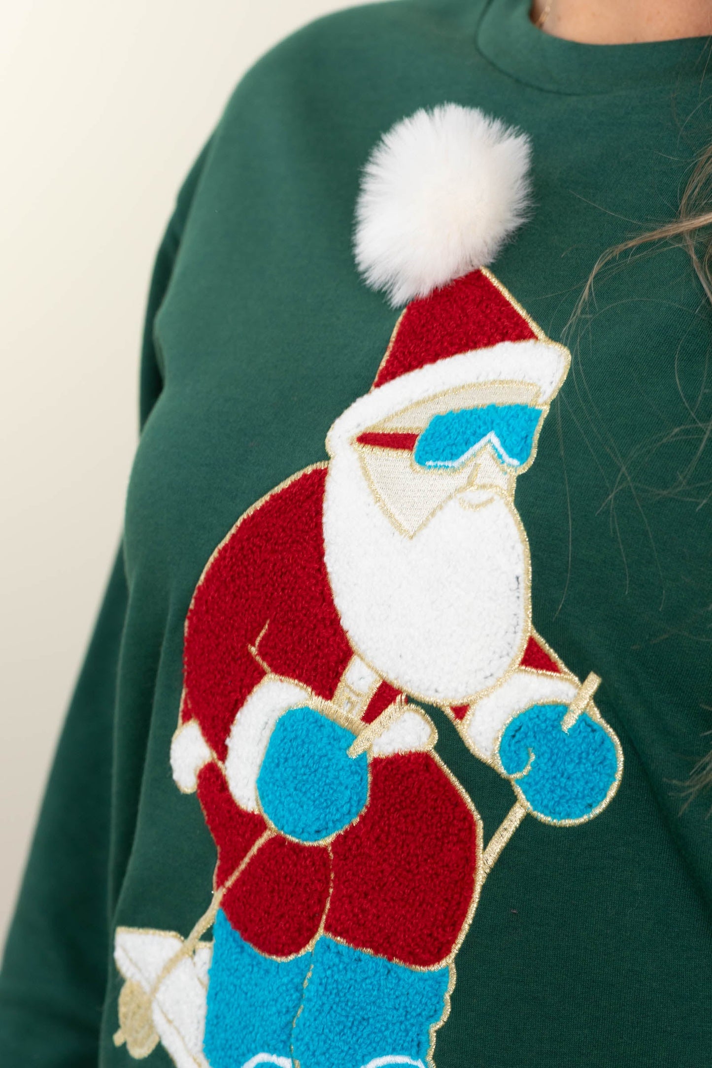 Green Skiing Santa Long Sleeve Knit Top