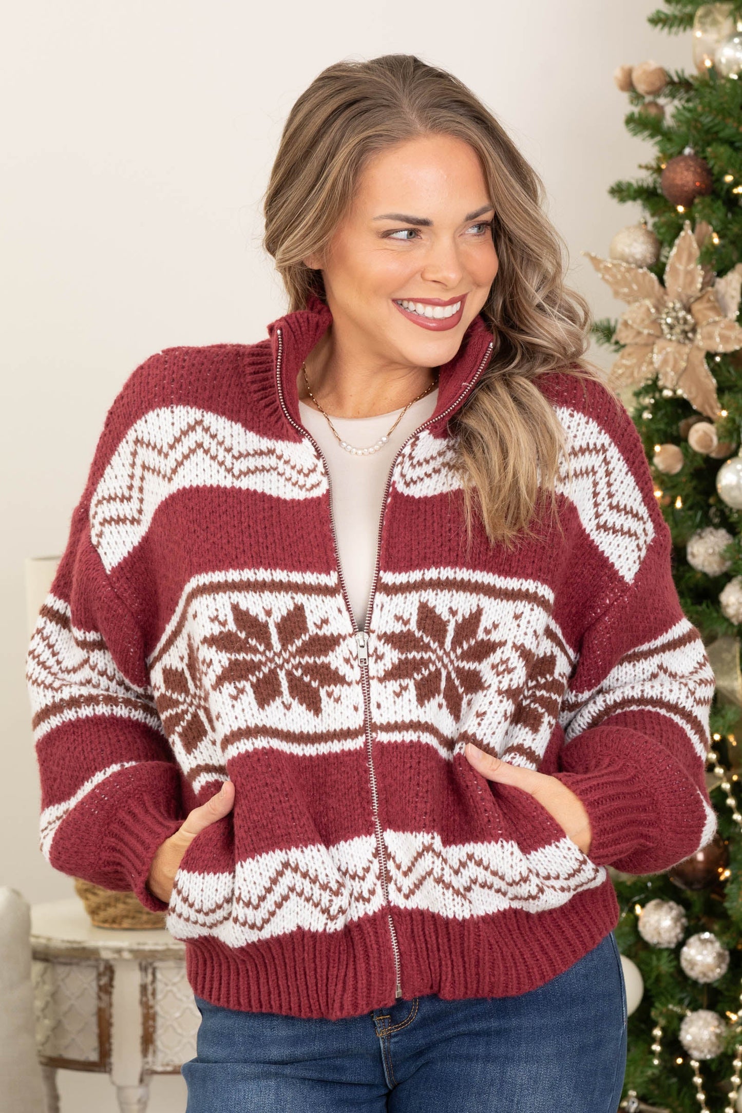Burgundy Collared Fair Isle Sweater Jacket
