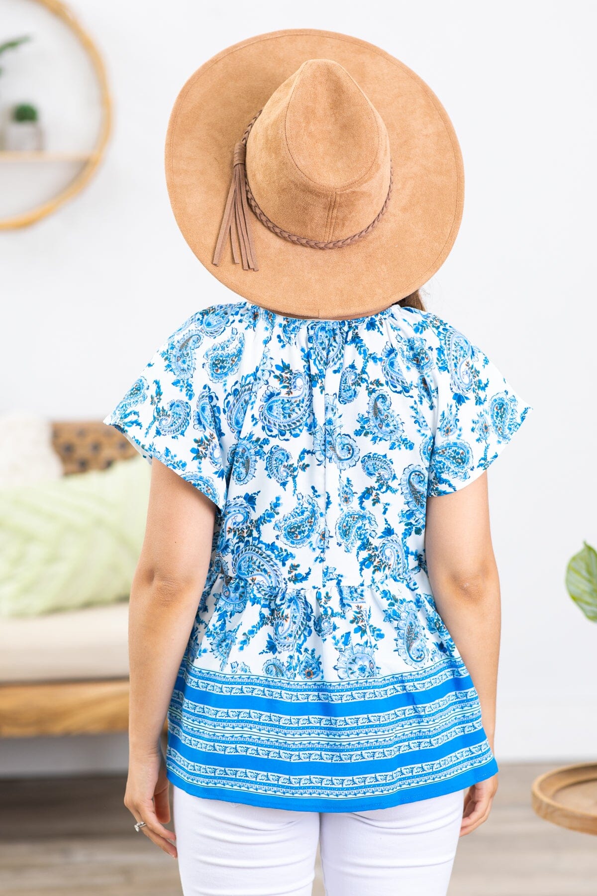 Royal and Off White Paisley Border Print Top