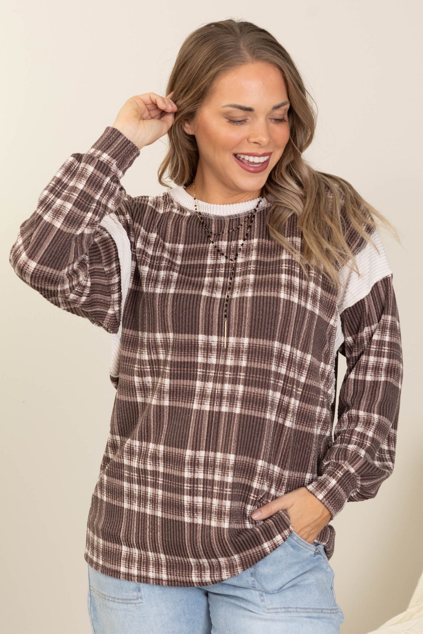Brown Plaid Ribbed Knit Long Sleeve Top